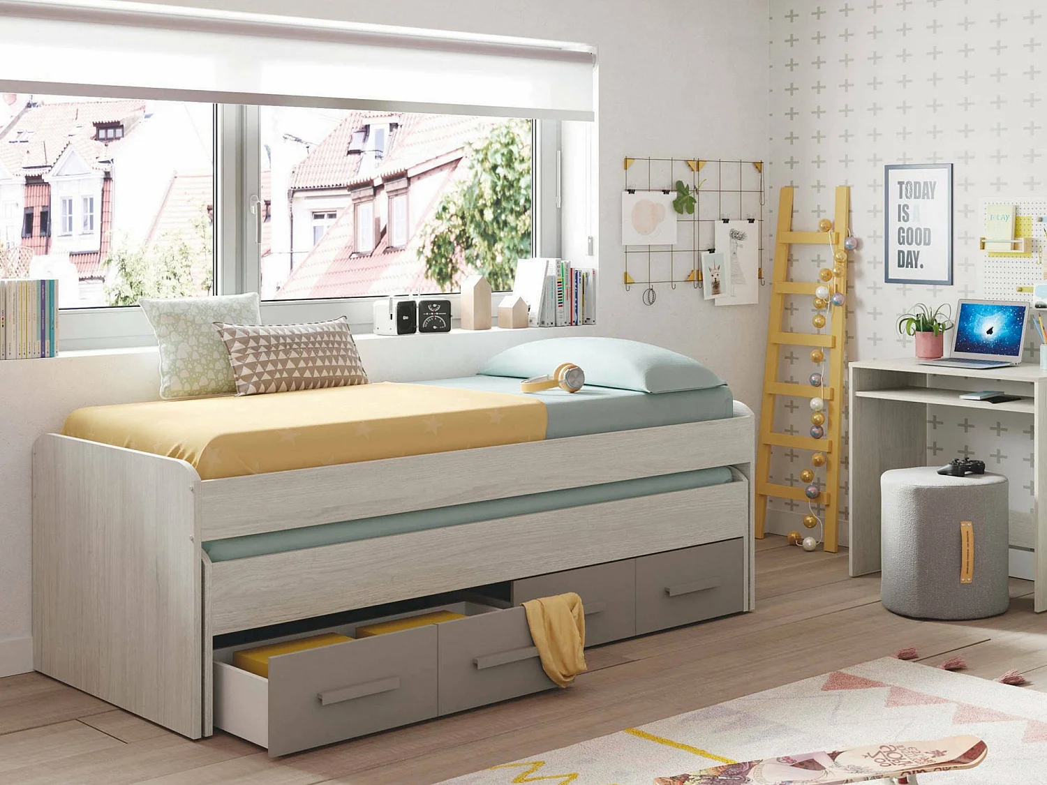 Lit simple Spokane, Cadre de lit pour chambre à coucher, Lit simple avec lit extractible et 4 tiroirs, 198x96h69 cm, Blanc et Marron