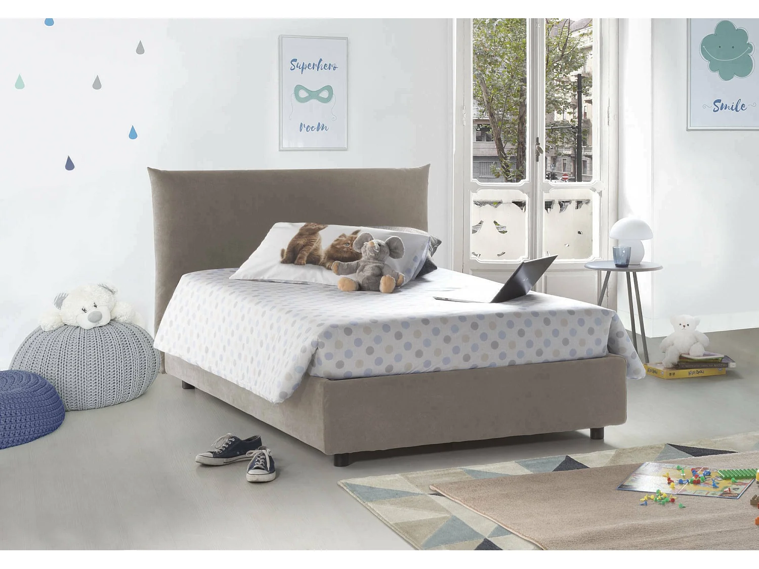 Lit double Ornella, lit coffre avec revêtement en tissu, 100% Made in Italy, ouverture frontale, adapté pour matelas 120x190 cm, gris tourterelle