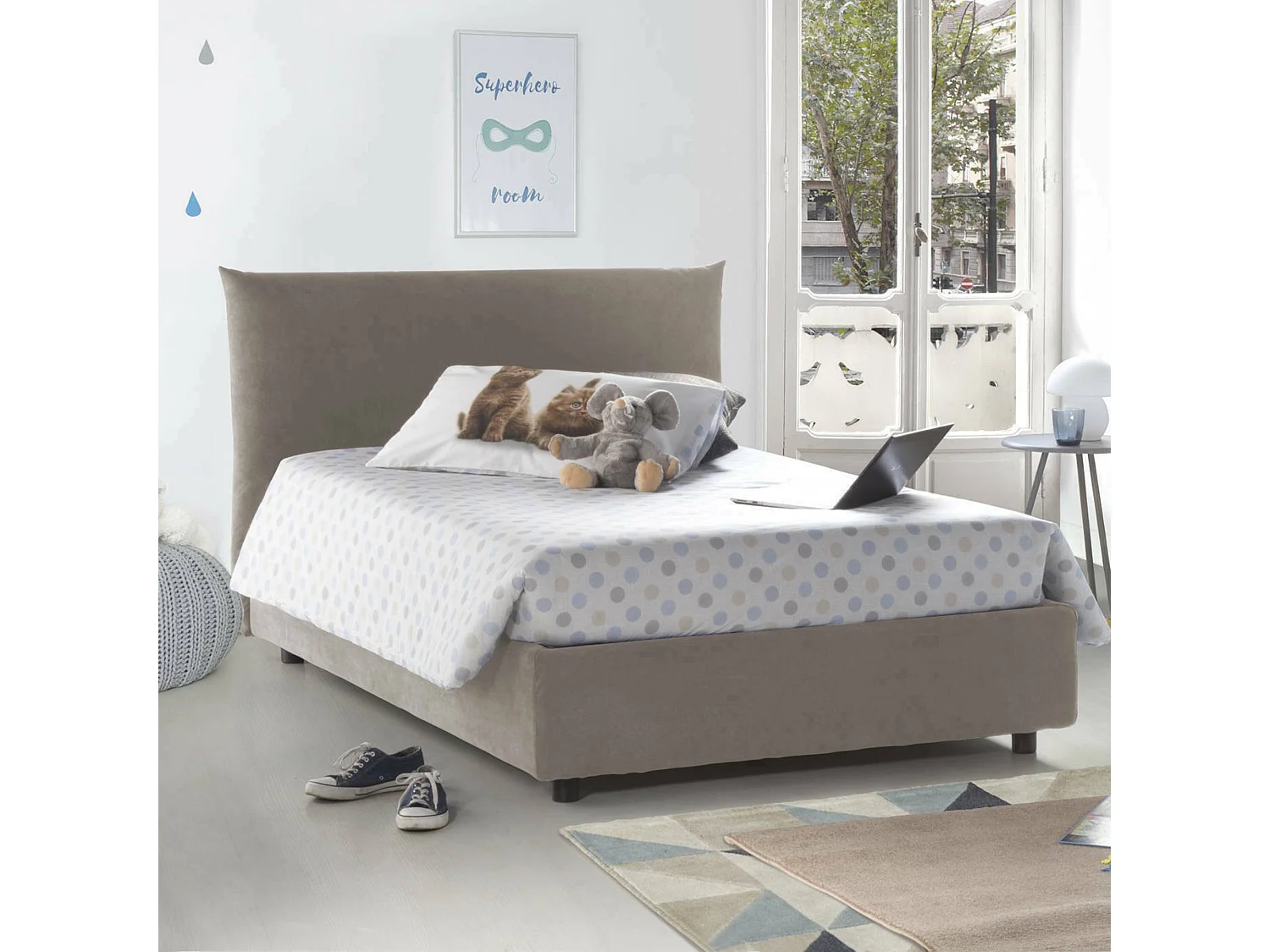Lit double Ornella, lit coffre avec revêtement en tissu, 100% Made in Italy, ouverture frontale, adapté pour matelas 120x190 cm, gris tourterelle