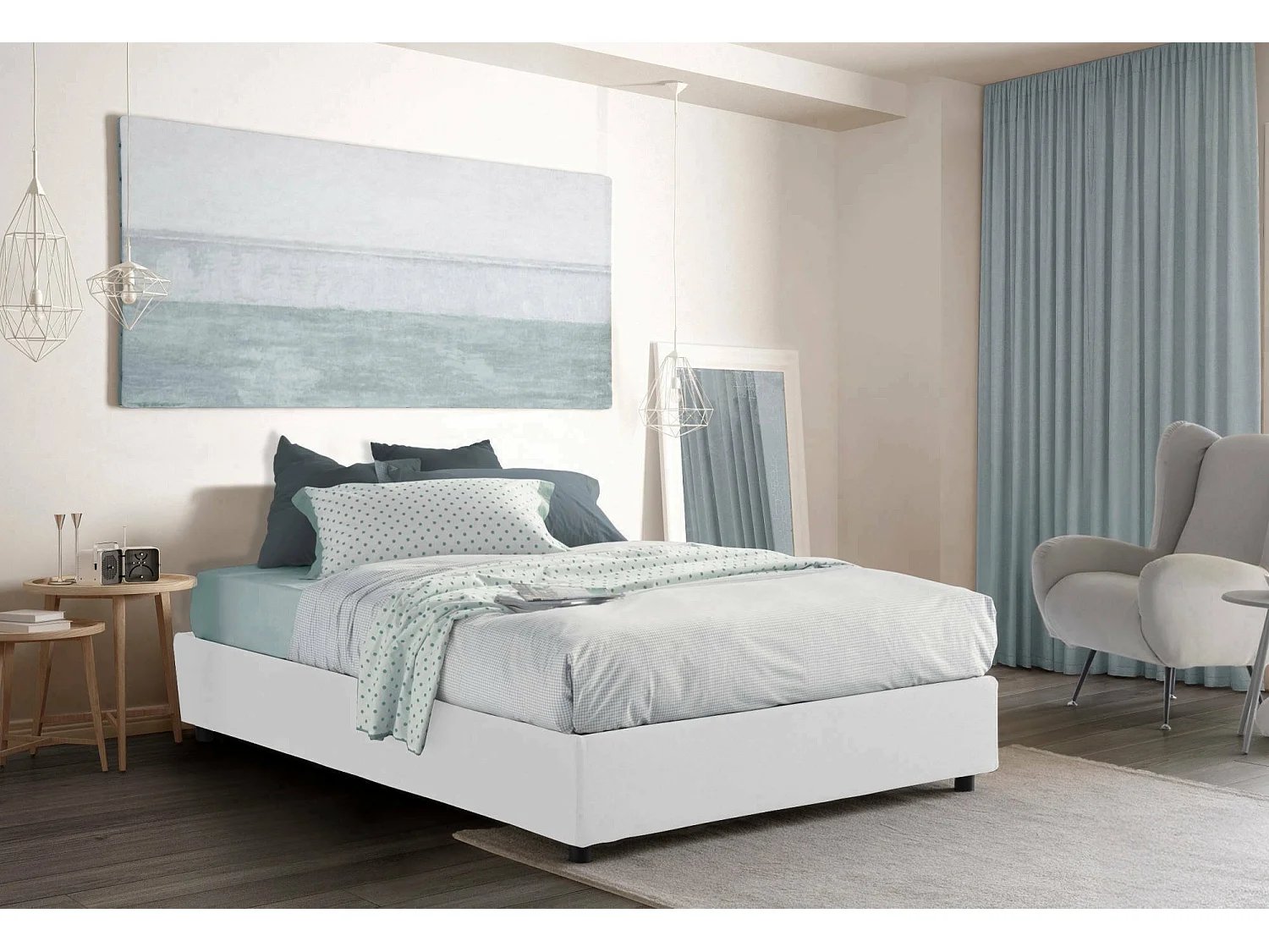 Lit double Dana, Lit coffre avec revêtement en tissu, 100% Made in Italy, Ouverture frontale, avec matelas 160x190 cm inclus, Blanc