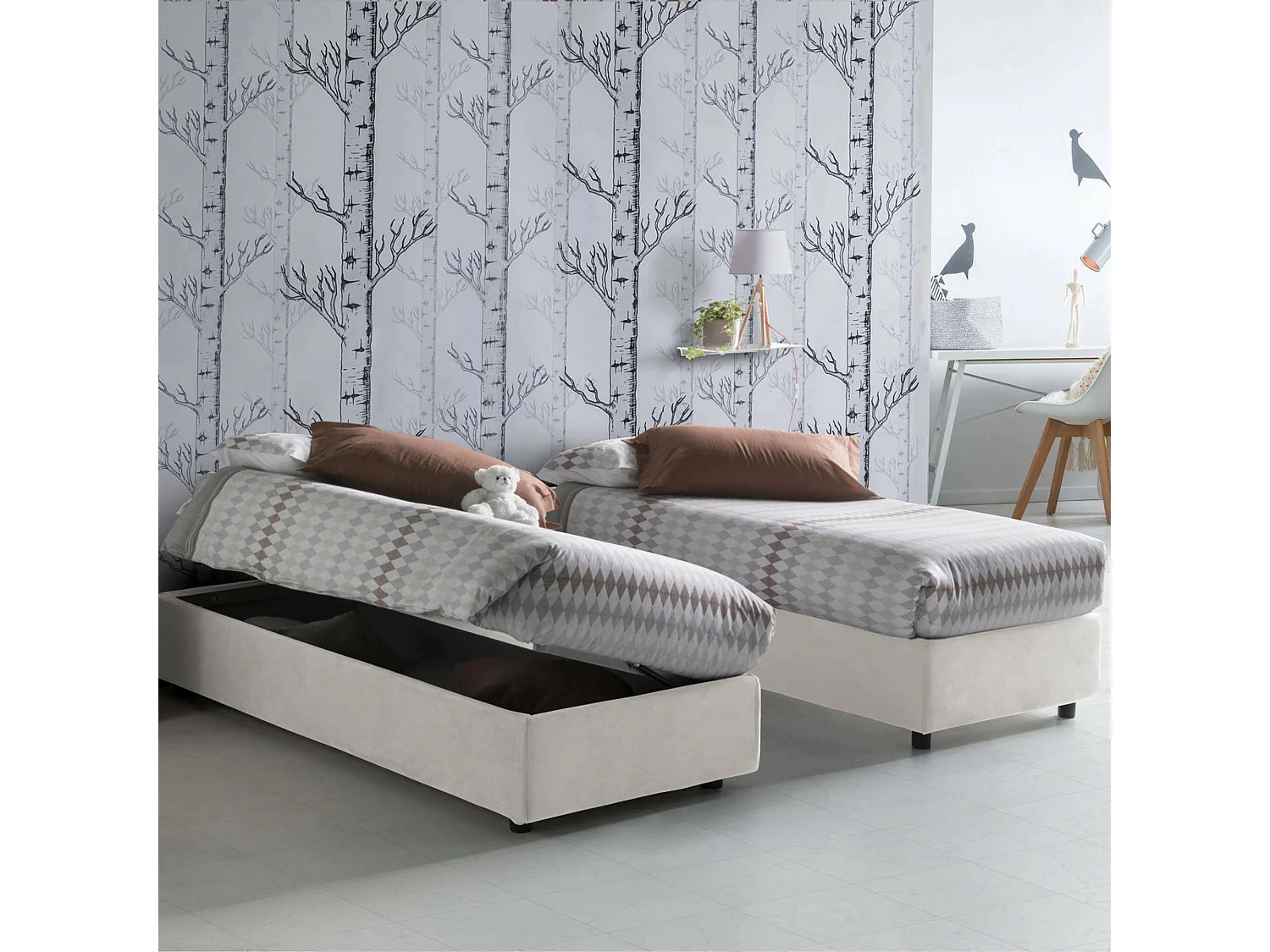 Letto singolo Diletta, Letto contenitore con rivestimento in ecopelle, 100% Made in Italy, Apertura laterale, adatto per materasso Cm 80x190, Bianco