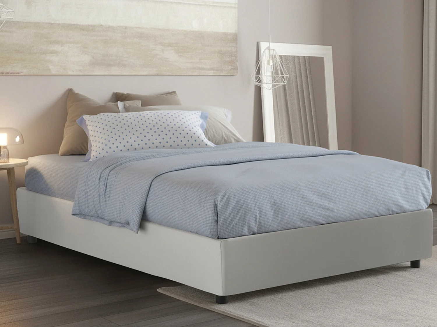Lit double Alessia, Lit coffre avec revêtement en éco-cuir, 100% Made in Italy, Ouverture frontale, avec matelas 140x200 cm inclus, Blanc