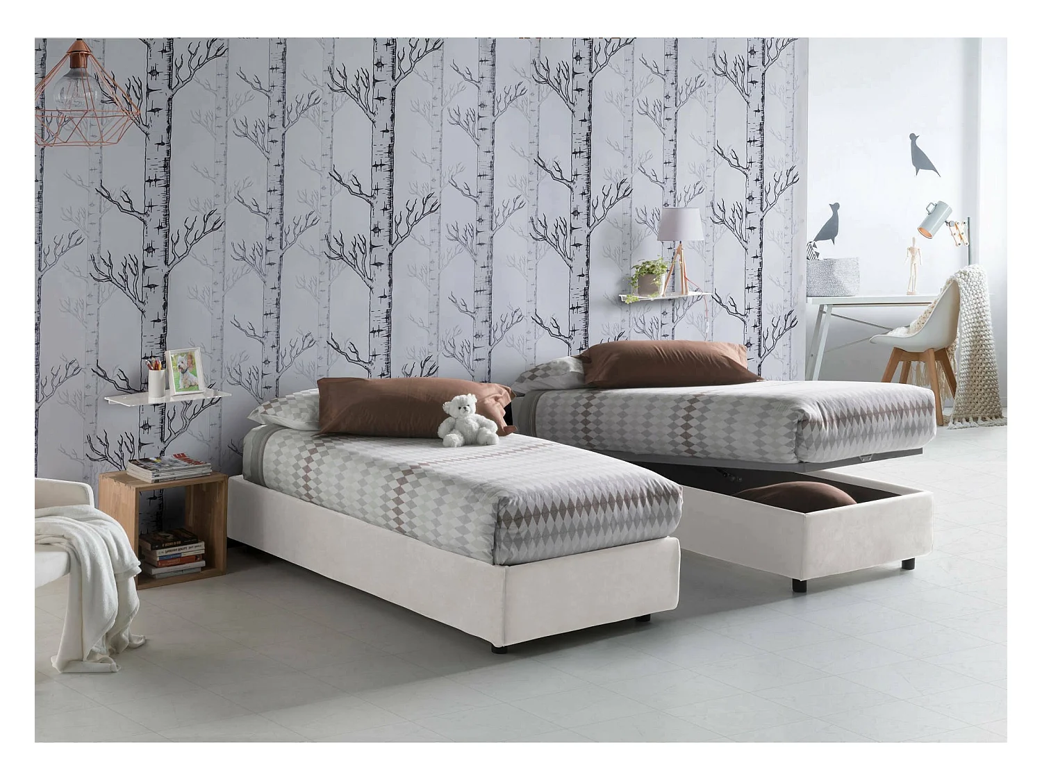 Letto singolo Amelia, Letto contenitore con rivestimento in tessuto, 100% Made in Italy, Apertura frontale, con materasso Cm 80x190 incluso, Bianco