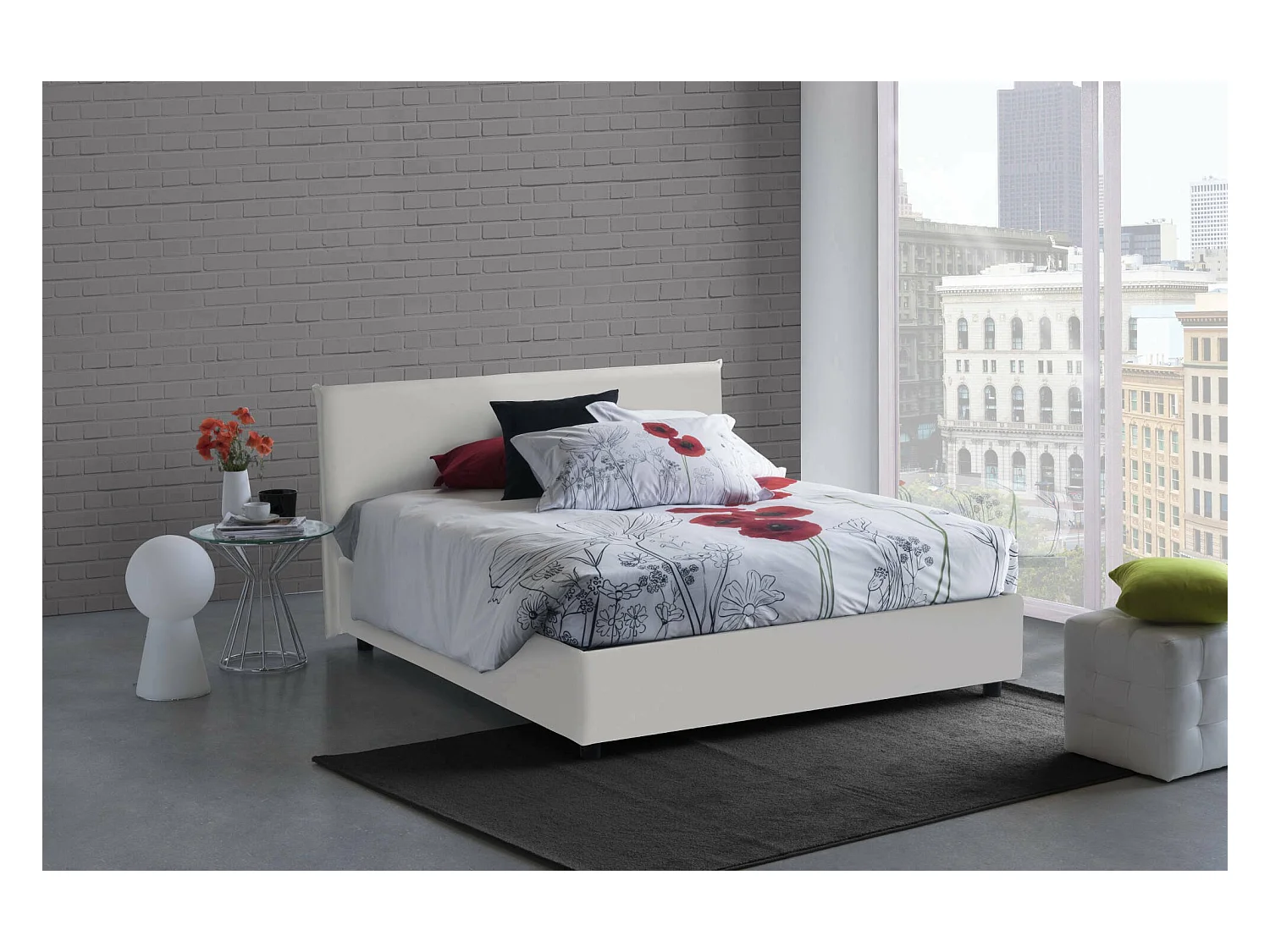 Lit double Belinda, Lit coffre avec revêtement en éco-cuir, 100% Made in Italy, Ouverture frontale, adapté pour matelas 140x200 cm, Blanc