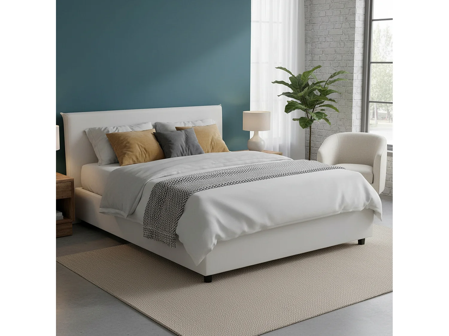 Talamo Italia Frans Bed Belinda Wit Met Opbergruimte Matrasmaat 140x200 cm, Gestoffeerd Made in Italy