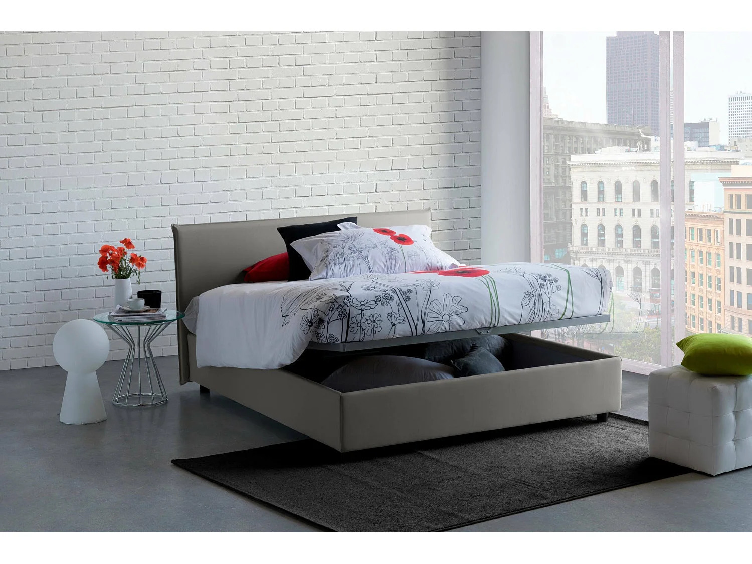 Cama doble Berenice, Cama contenedor con revestimiento de tela, 100% Made in Italy, Apertura frontal, Apto para colchón de 140x200 cm, Gris