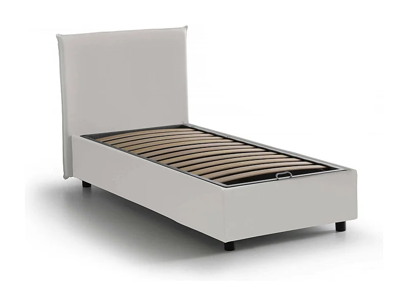 Letto singolo Cartisia, Letto contenitore con rivestimento in ecopelle, 100% Made in Italy, Apertura frontale, adatto per materasso Cm 80x200, Bianco