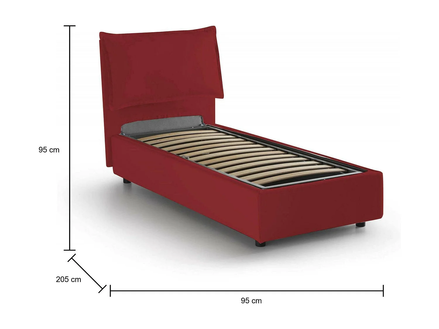 Lit simple Luna, Lit coffre avec revêtement en tissu, 100% Made in Italy, Ouverture latérale, adapté pour matelas 80x190 cm, Rouge