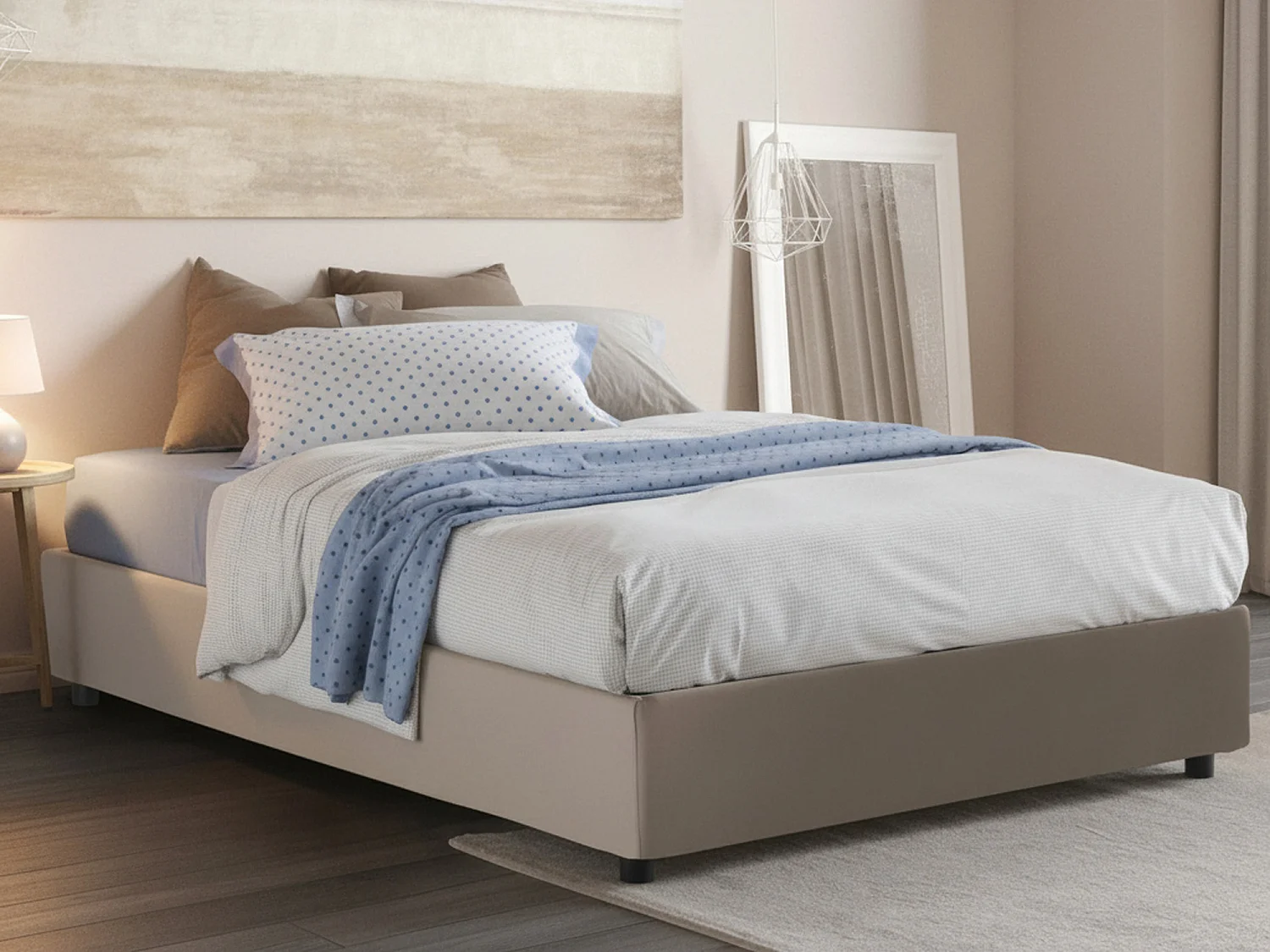 Lit double Cecilia, Lit coffre avec revêtement en éco-cuir, 100% Made in Italy, Ouverture frontale, avec matelas 160x190 cm inclus, Taupe