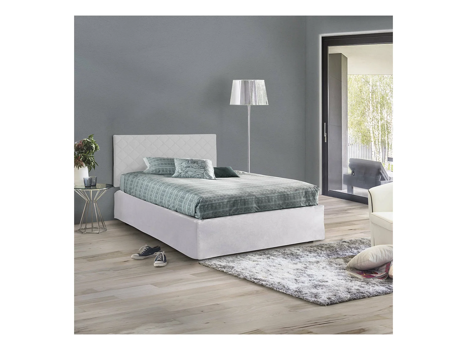 Cama doble Clea, juego de cabecero de ecopiel con base ortopédica y volante, 100% Made in Italy, apto para colchón de 120x190 cm, Blanco