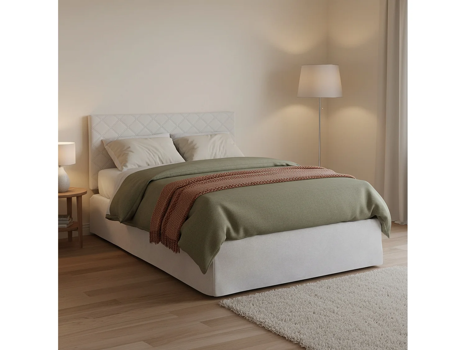 Letto piazza e mezza Clea, Set testata in ecopelle con rete ortopedica e mantovana, 100% Made in Italy, adatto a materasso da Cm 120x190, Bianco