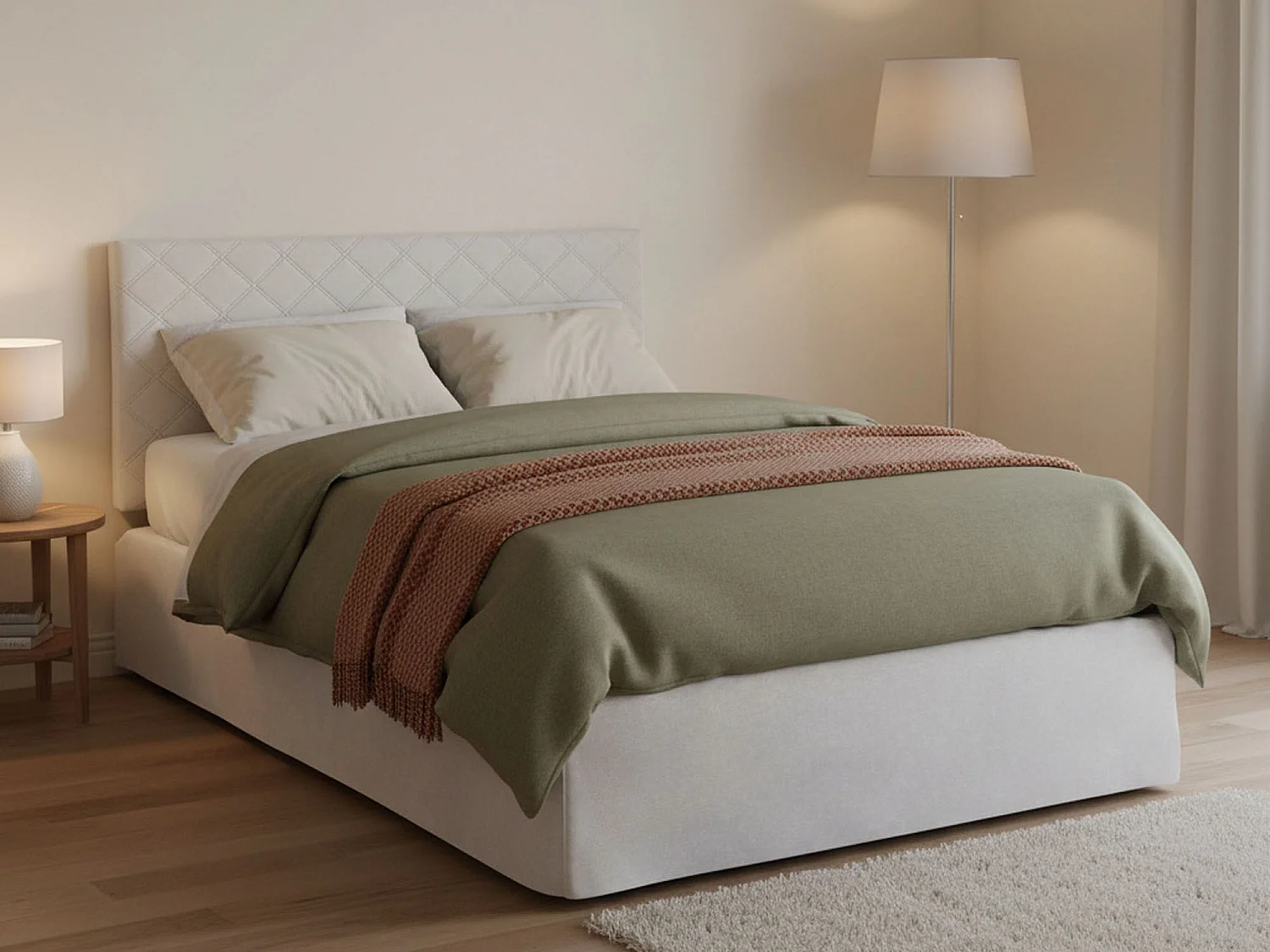 Letto piazza e mezza Clea, Set testata in ecopelle con rete ortopedica e mantovana, 100% Made in Italy, adatto a materasso da Cm 120x190, Bianco