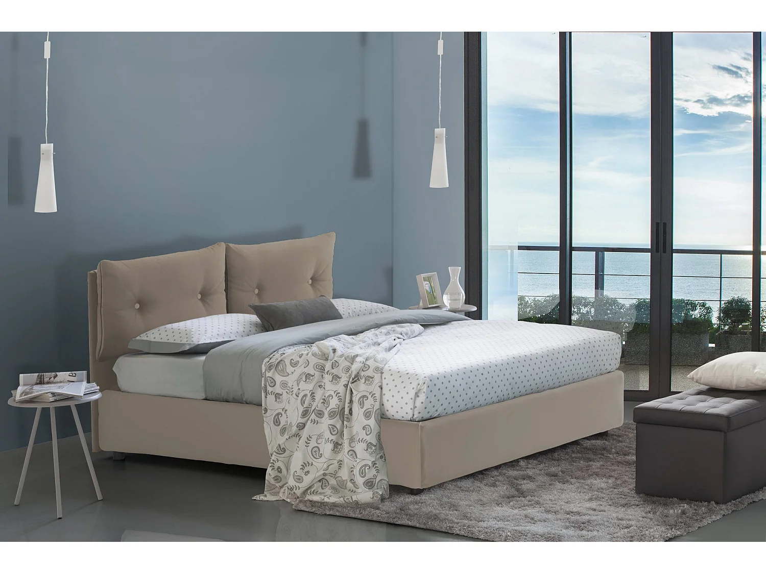 Lit double Emily, Lit coffre avec revêtement en éco-cuir, 100% Made in Italy, Ouverture frontale, avec matelas 120x190 cm inclus, Taupe