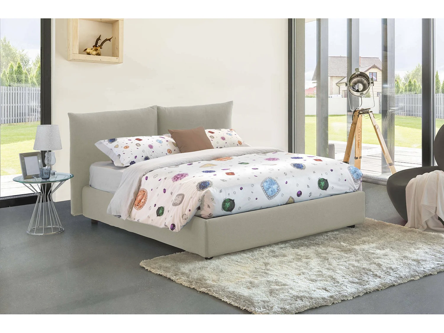 Gabriella tweepersoonsbed, Opbergbed met stoffen bekleding, 100% Made in Italy, Opening aan de voorkant, geschikt voor matras 160x200 cm, Beige
