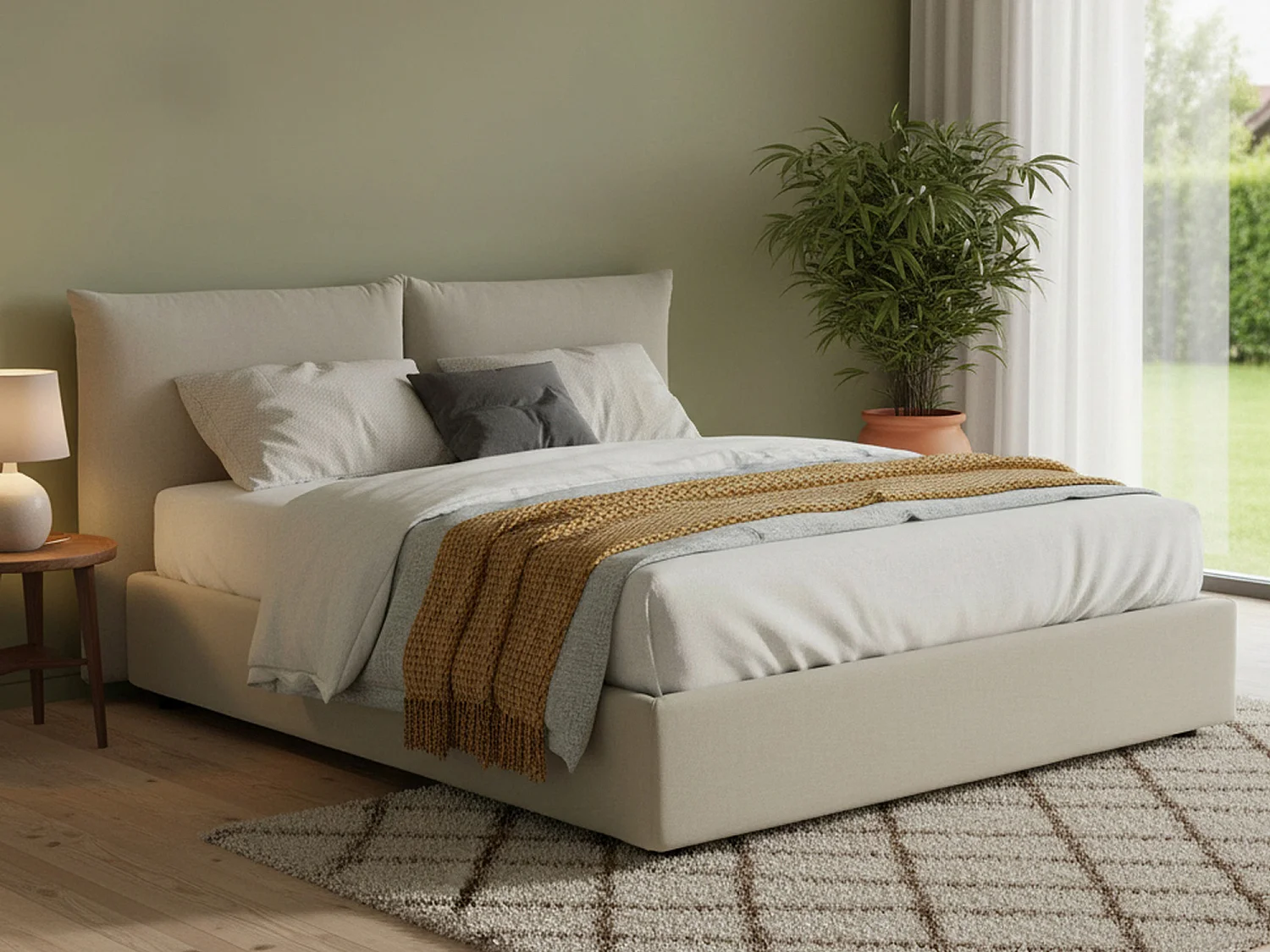 Lit double Gabriella, Lit coffre avec revêtement en tissu, 100% Made in Italy, Ouverture frontale, adapté pour matelas 160x200 cm, Beige