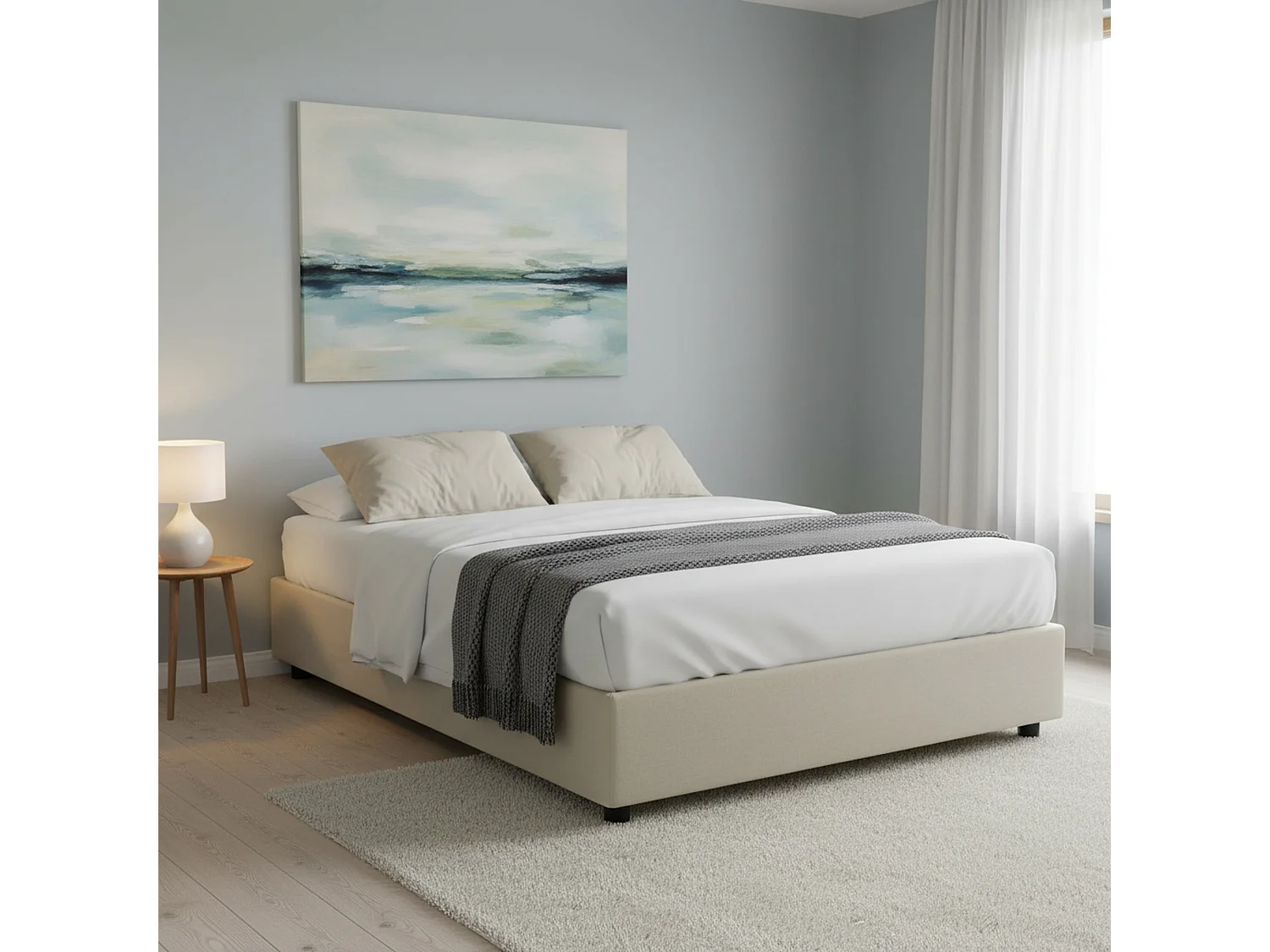 Lit double Azzurra, Lit coffre avec revêtement en tissu, 100% Made in Italy, Ouverture frontale, adapté pour matelas 140x190 cm, Beige