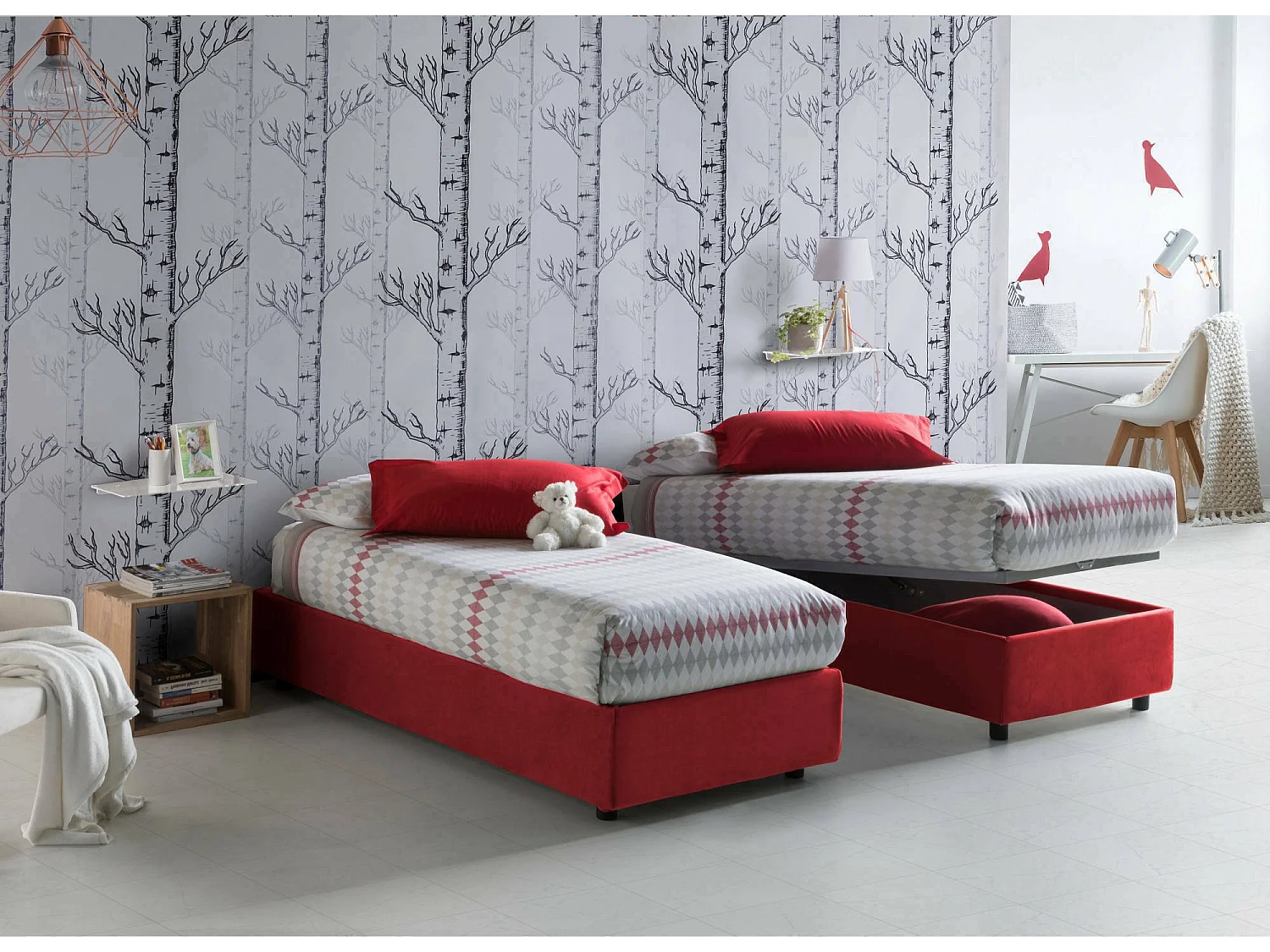 Cama de solteiro Caterina, Cama de armazenamento com forro de tecido, 100% Fabricado na Itália, Abertura frontal, adequada para colchão de 80x200 cm, Vermelho