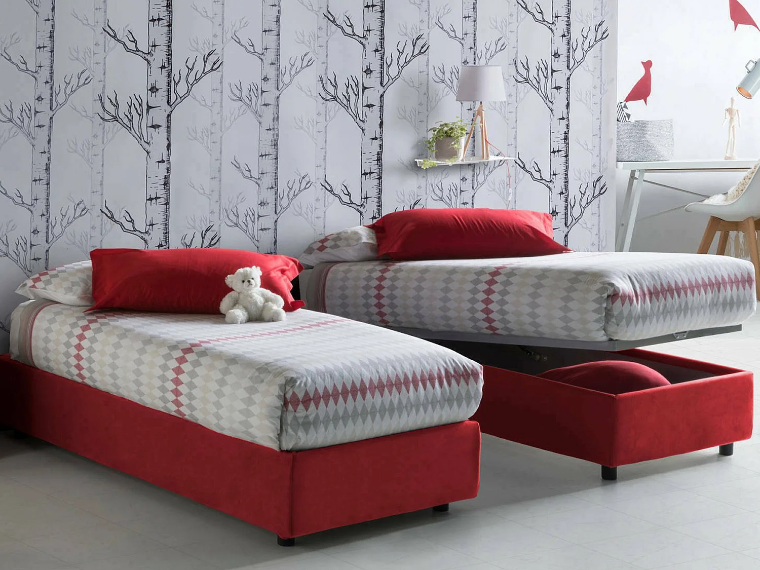 Cama individual Caterina, Cama contenedor con revestimiento de tela, 100% Made in Italy, Apertura frontal, Apta para colchón de 80x200 cm, Rojo