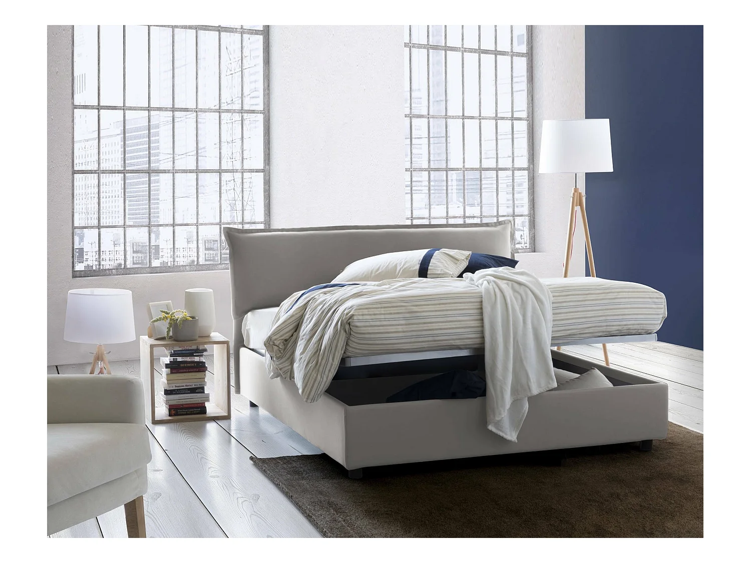 Cloe tweepersoonsbed, Opbergbed met afneembare hoes met gestoffeerd hoofdbord en opbergbedframe, 100% Made in Italy, geschikt voor matras 160x200 cm, Grijs