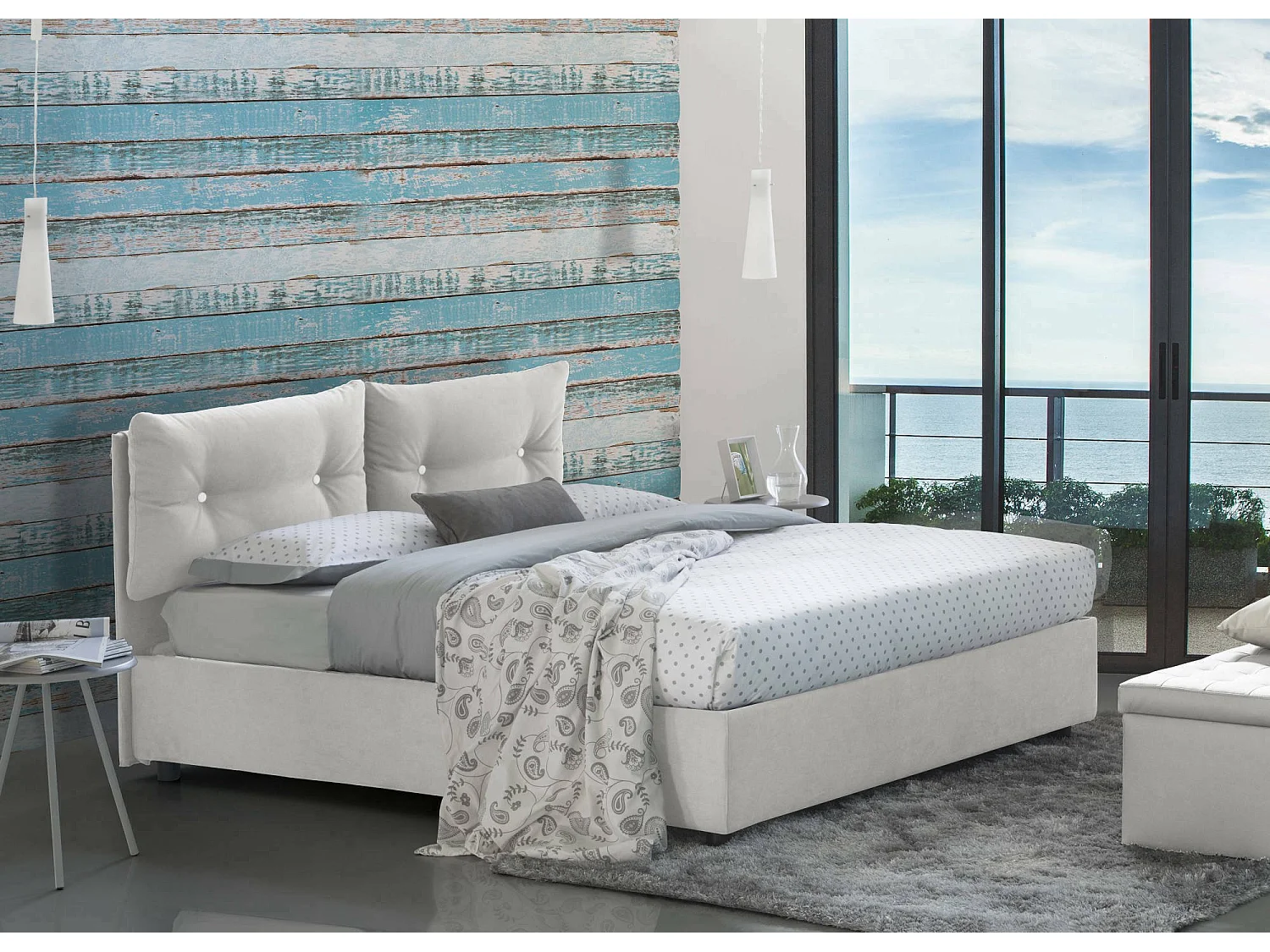 Lit double Petra, Lit coffre avec revêtement en tissu, 100% Made in Italy, Ouverture frontale, avec matelas 160x200 cm inclus, Blanc