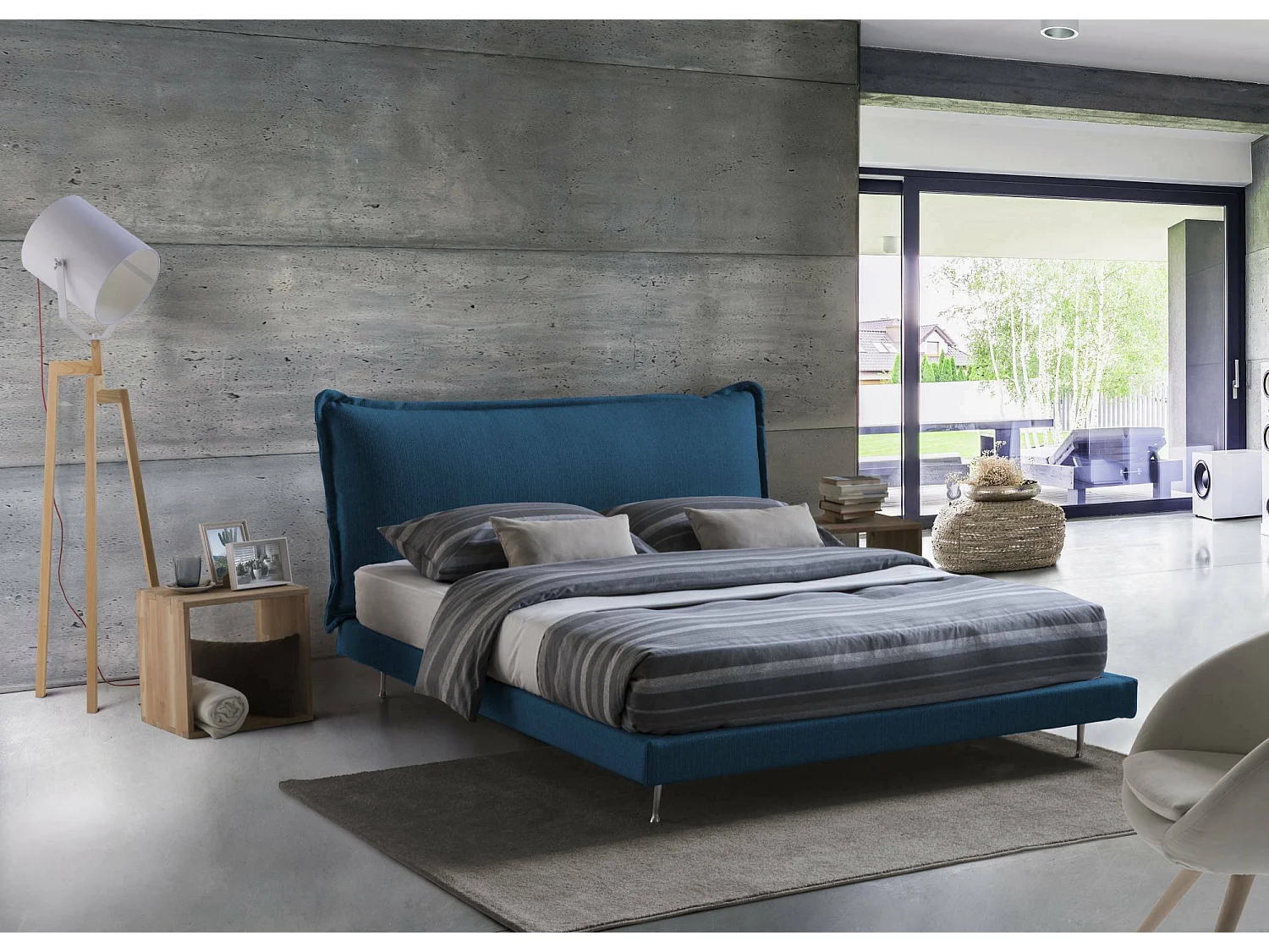 Lit double Anika, Lit fixe avec revêtement et tête de lit en tissu, 100% Made in Italy, adapté pour matelas 160x190 cm, Bleu