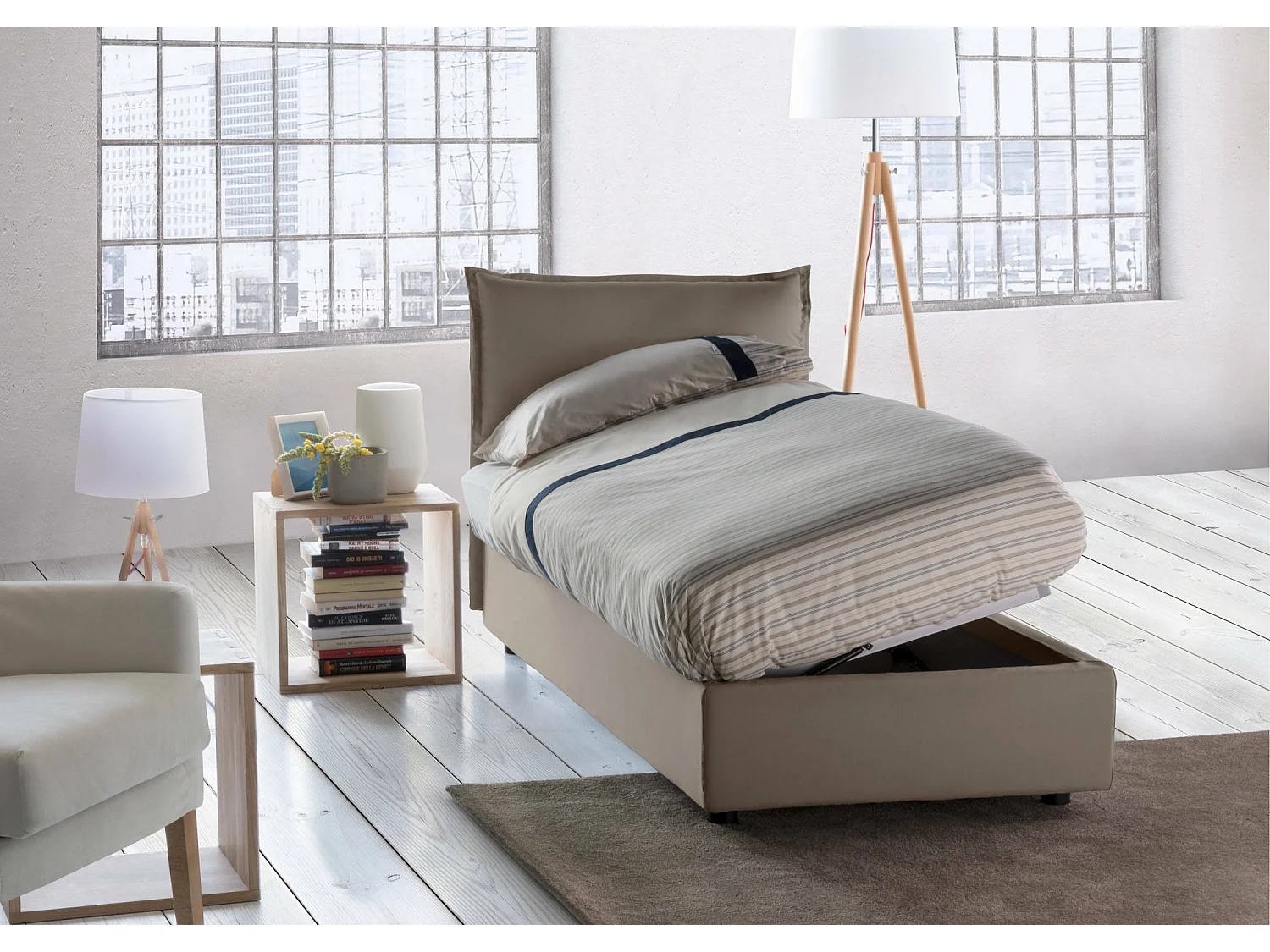 Lit simple Luna, lit coffre avec revêtement en tissu, 100% Made in Italy, ouverture latérale, adapté pour matelas 80x190 cm, gris tourterelle