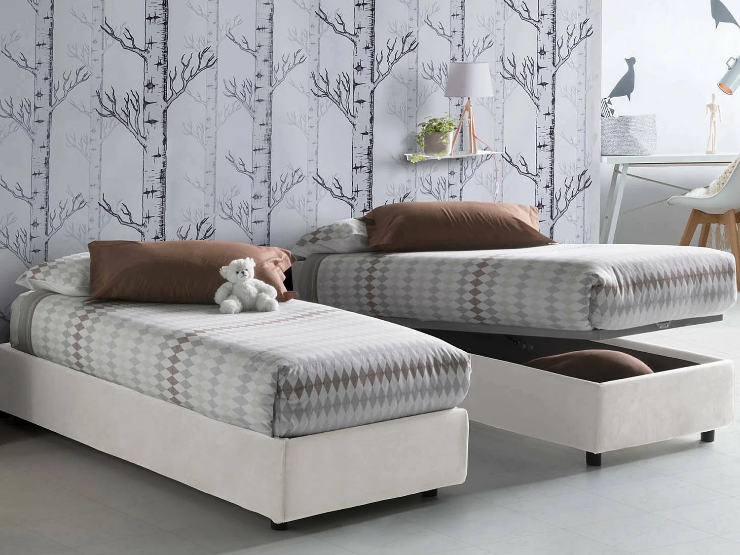 Talamo Italia Eenpersoonsbed Caterina Wit Afneembare Hoes, Opbergruimte, Matrasmaat 80x200 cm Made in Italy