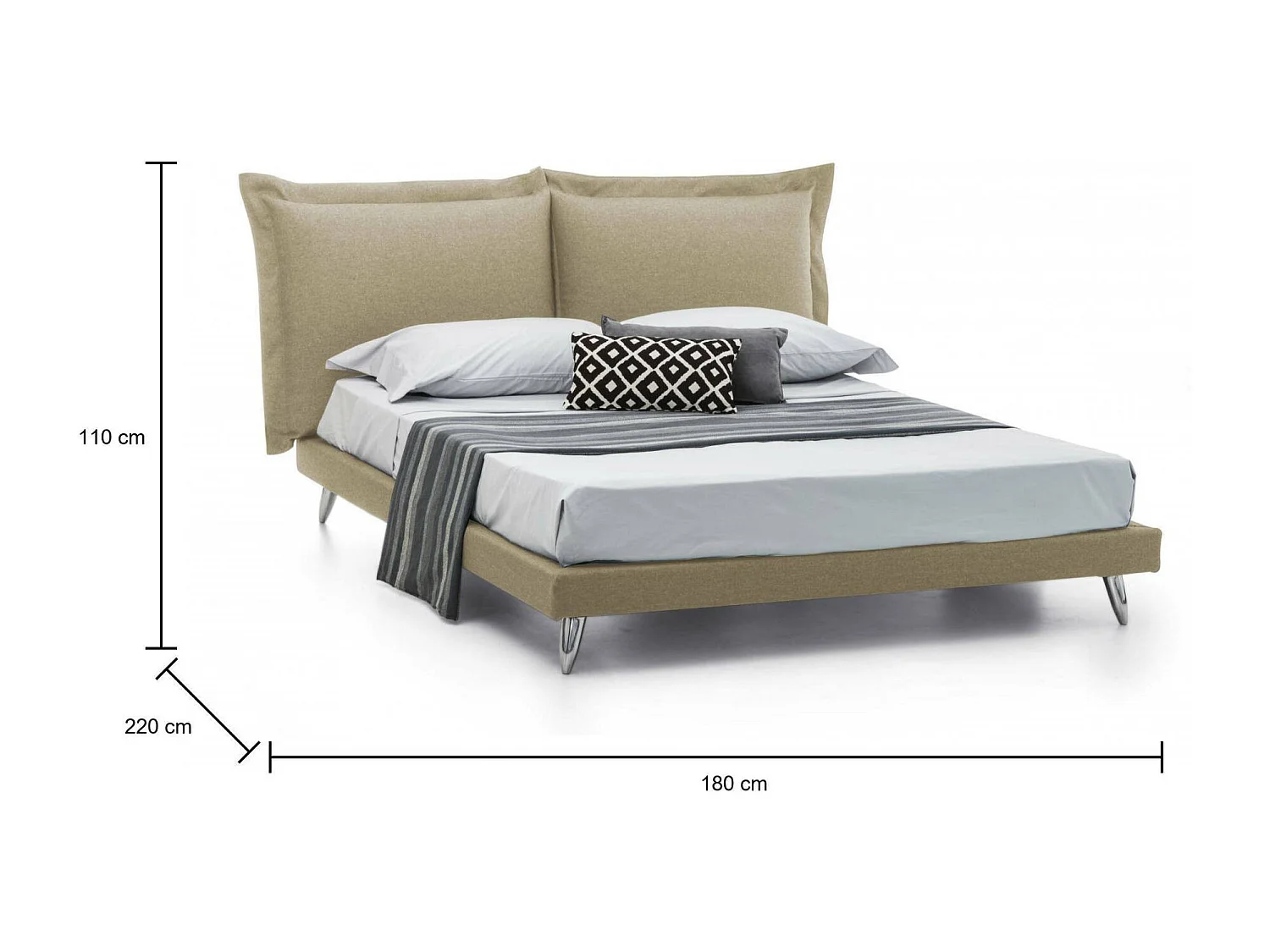 Lit double Ludovica, Lit fixe en tissu avec pieds, 100% Made in Italy, adapté pour matelas 160x190 cm, Beige