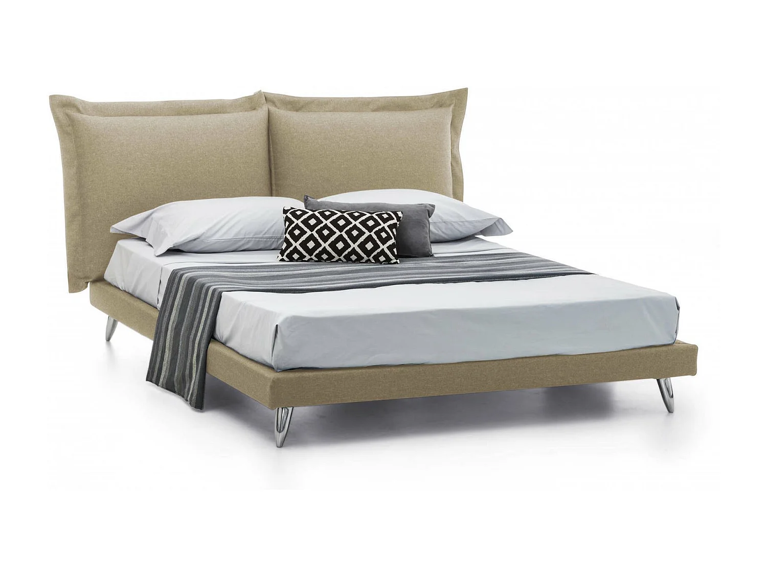 Cama doble Ludovica, Cama fija de tela con pies, 100% Made in Italy, apta para colchón de 160x190 cm, Beige