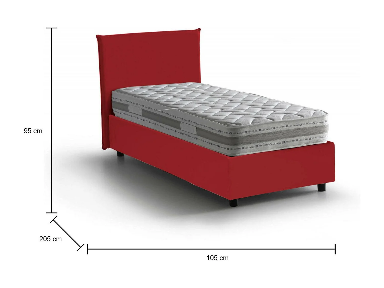 Lit simple Chiaraluna, Lit coffre avec revêtement en tissu, 100% Made in Italy, Ouverture frontale, avec matelas 90x190 cm inclus, Rouge