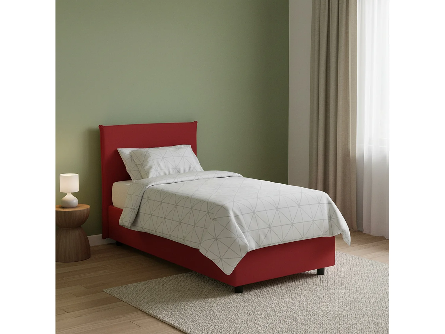 Lit simple Chiaraluna, Lit coffre avec revêtement en tissu, 100% Made in Italy, Ouverture frontale, avec matelas 90x190 cm inclus, Rouge