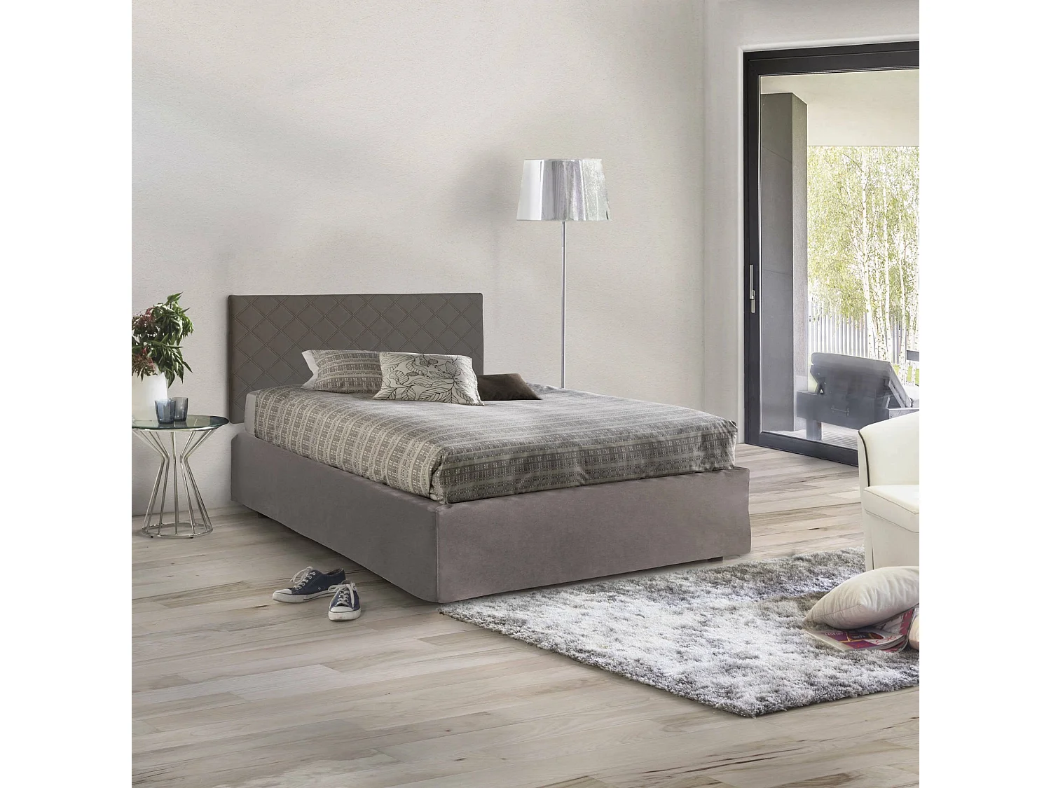 Cama de casal Cleide, conjunto de cabeceira em couro ecológico com base e saia ortopédica, 100% Fabricado na Itália, com colchão incluso, 120x190 cm, cinza pomba