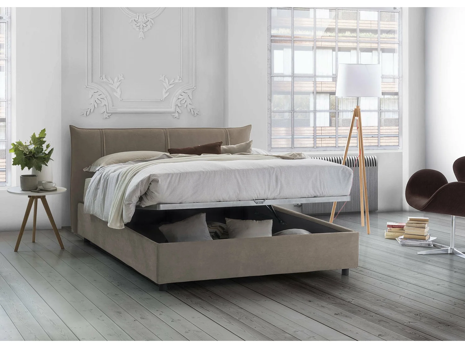 Stella Doppelbett, Bettkasten mit Stoffbezug, 100 % Made in Italy, Ã–ffnung vorne, geeignet für Matratze 160 x 200 cm, Taupe