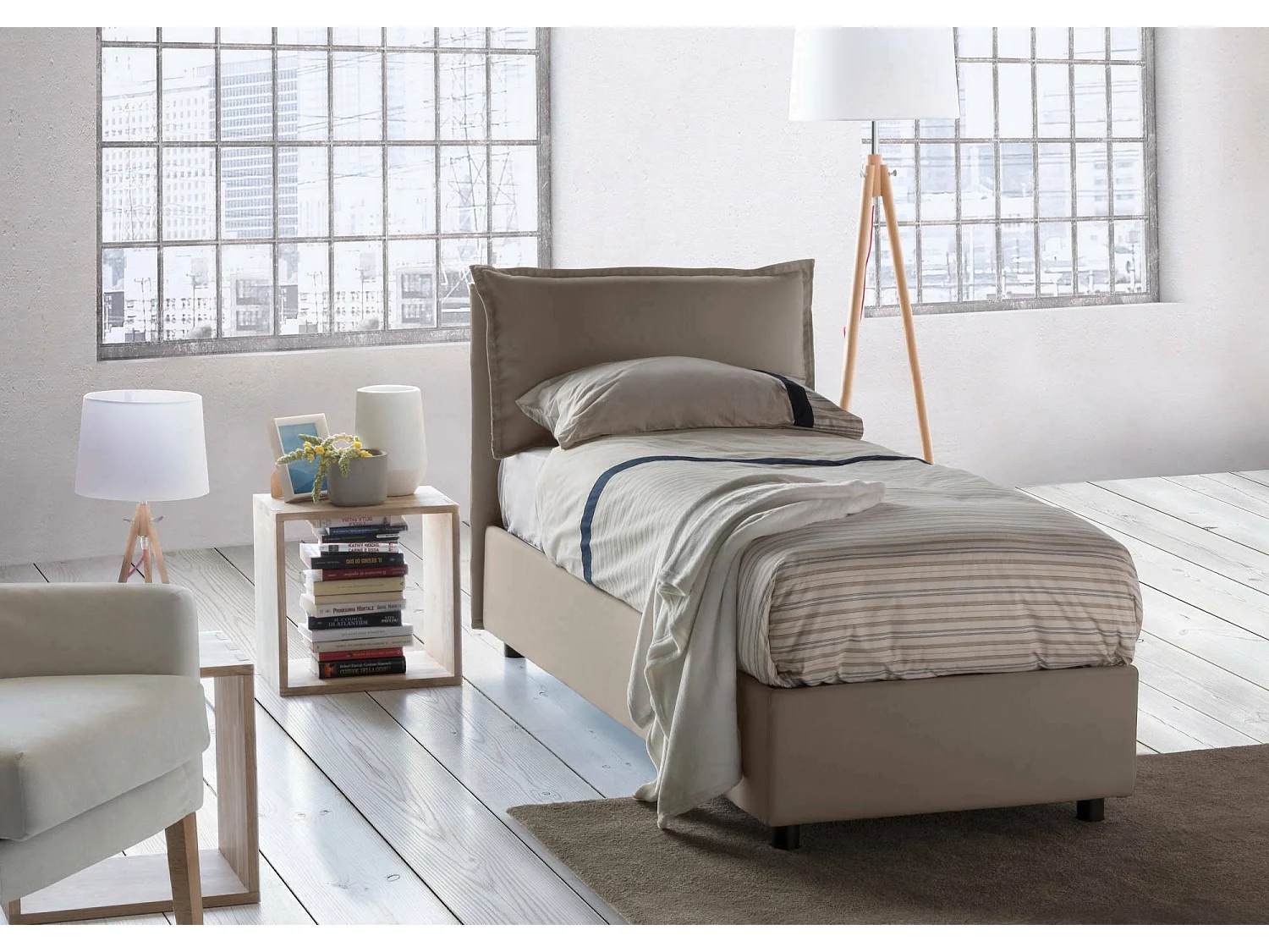 Talamo Italia Eenpersoonsbed Carla Grijs Taupe, Afneembare Hoes en Opbergruimte, Matrasmaat 90x200 cm Made in Italy