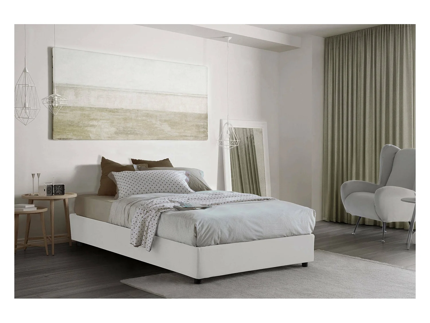 Letto piazza e mezza Chiara, Letto contenitore con rivestimento in tessuto, 100% Made in Italy, Apertura frontale, con materasso Cm 120x190 incluso, Bianco