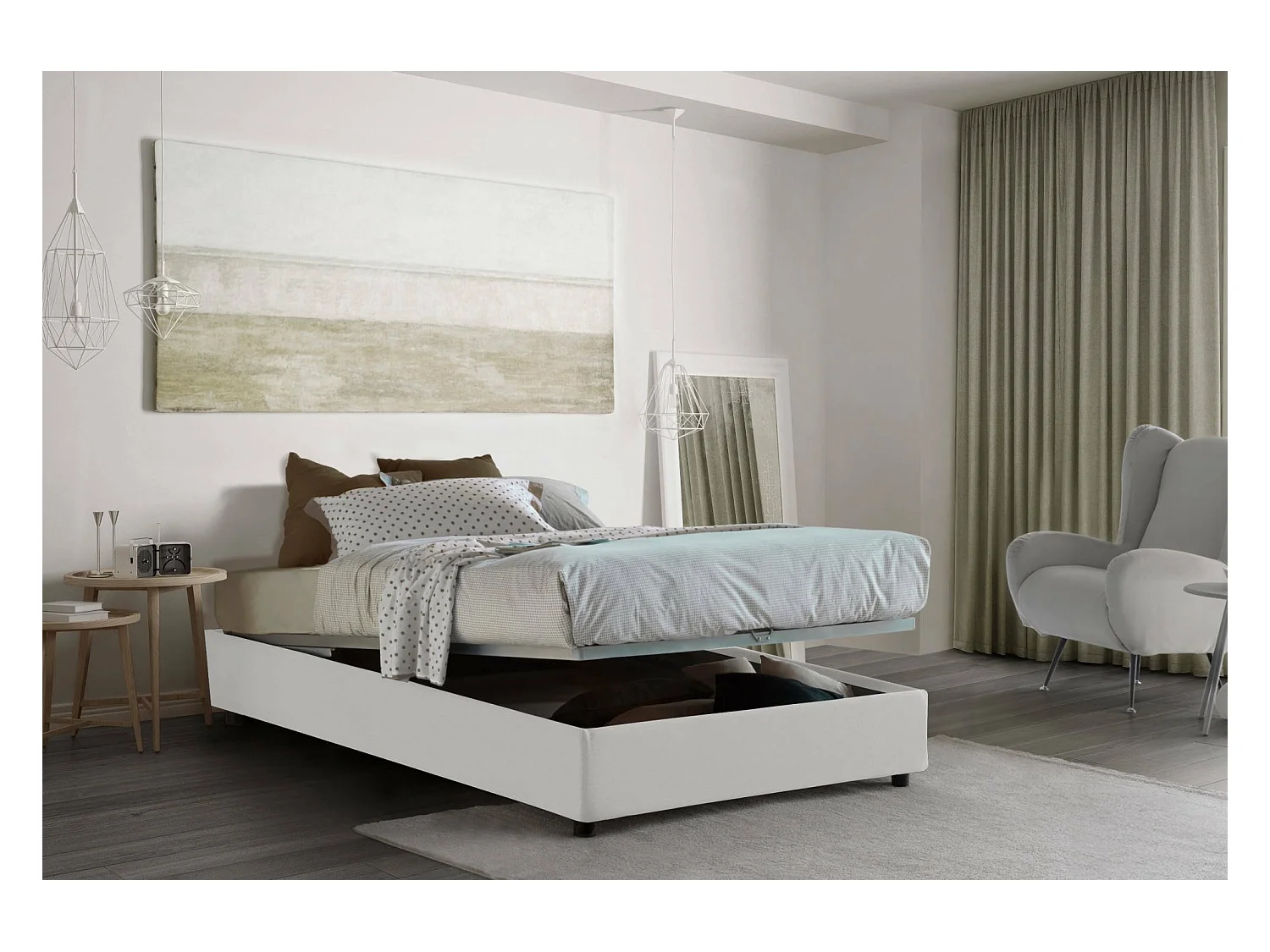 Letto piazza e mezza Chiara, Letto contenitore con rivestimento in tessuto, 100% Made in Italy, Apertura frontale, con materasso Cm 120x190 incluso, Bianco