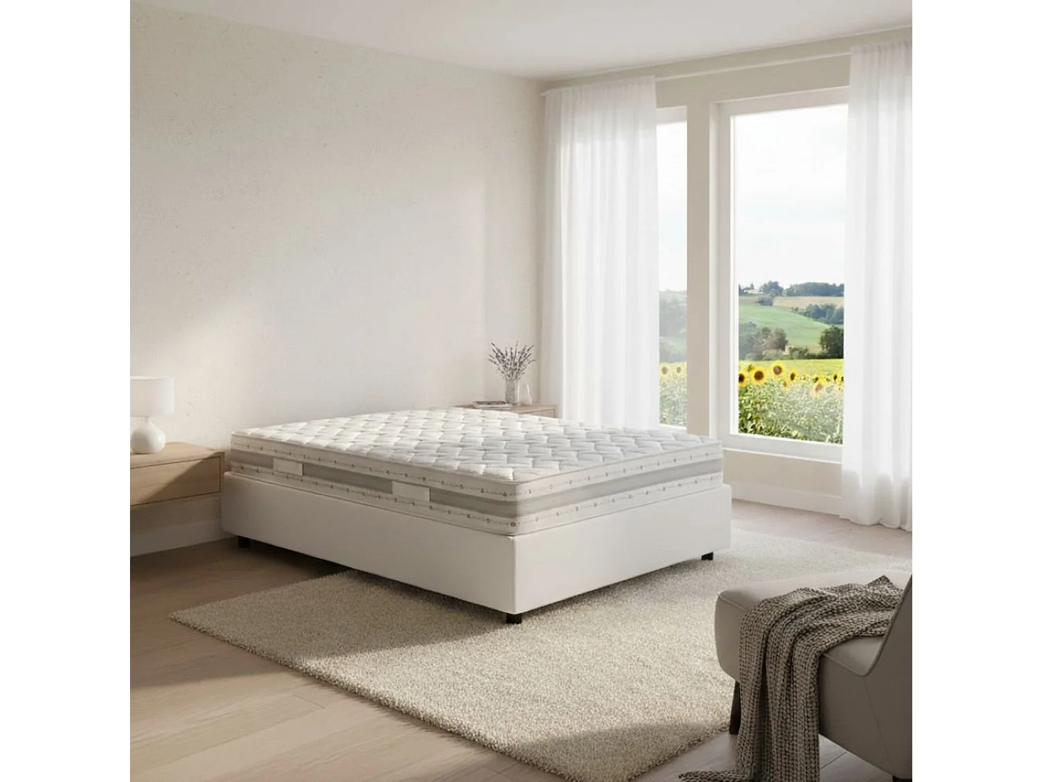 Lit double Chiara, Lit coffre avec revêtement en tissu, 100% Made in Italy, Ouverture frontale, avec matelas 120x190 cm inclus, Blanc