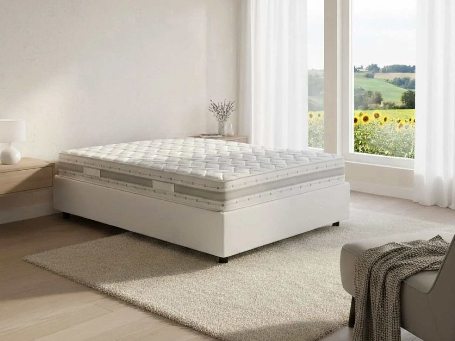 Lit double Chiara, Lit coffre avec revêtement en tissu, 100% Made in Italy, Ouverture frontale, avec matelas 120x190 cm inclus, Blanc