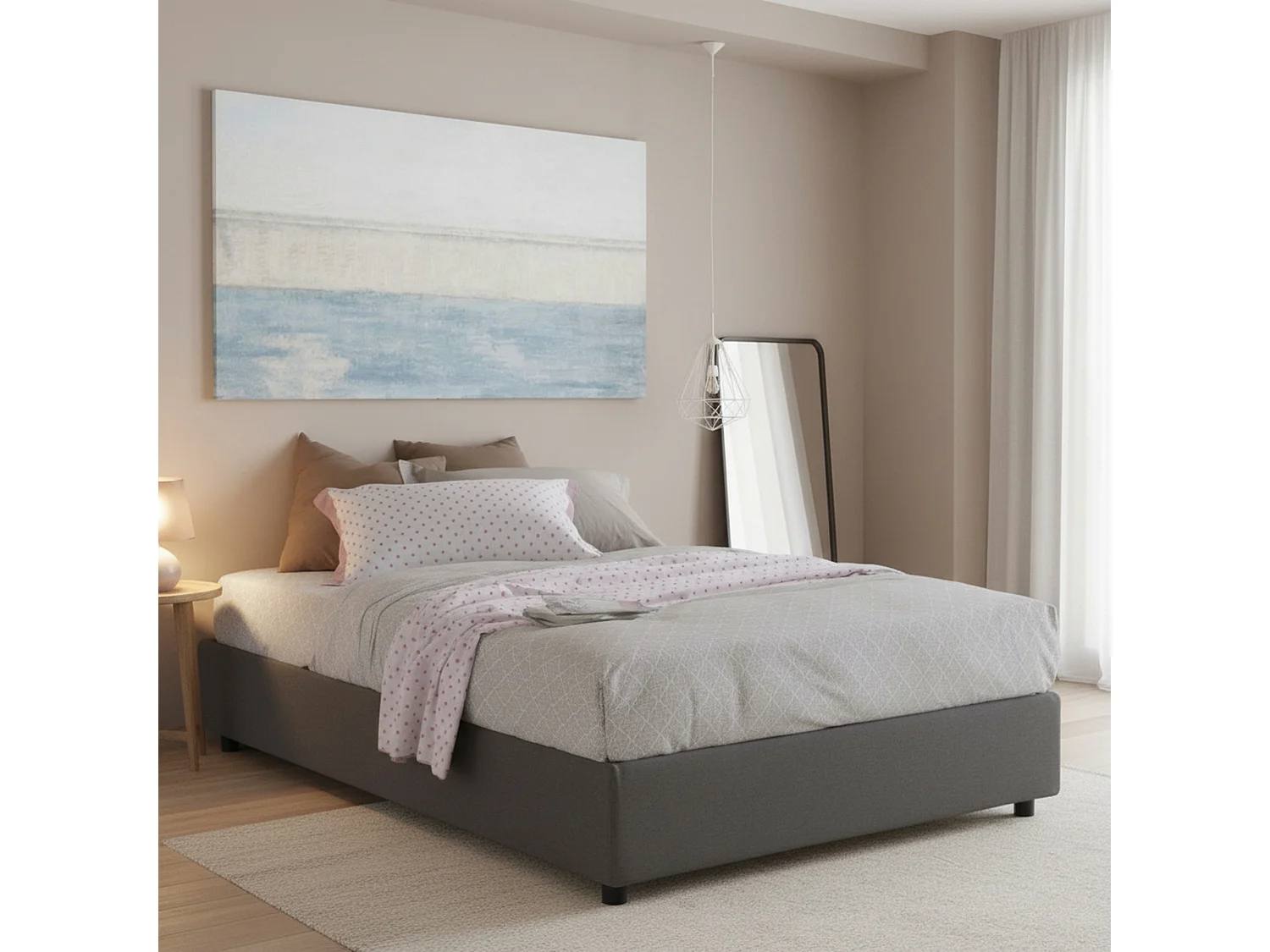 Lit double Adele, Lit coffre avec revêtement en tissu, 100% Made in Italy, Ouverture frontale, avec matelas 140x190 cm inclus, Gris