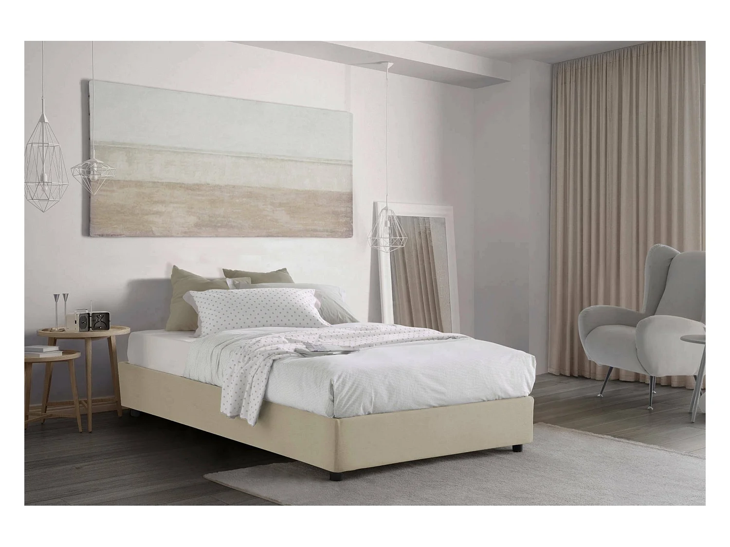 Lit double Gaia, Lit coffre avec revêtement en tissu, 100% Made in Italy, Ouverture latérale, avec matelas 120x190 cm inclus, Beige