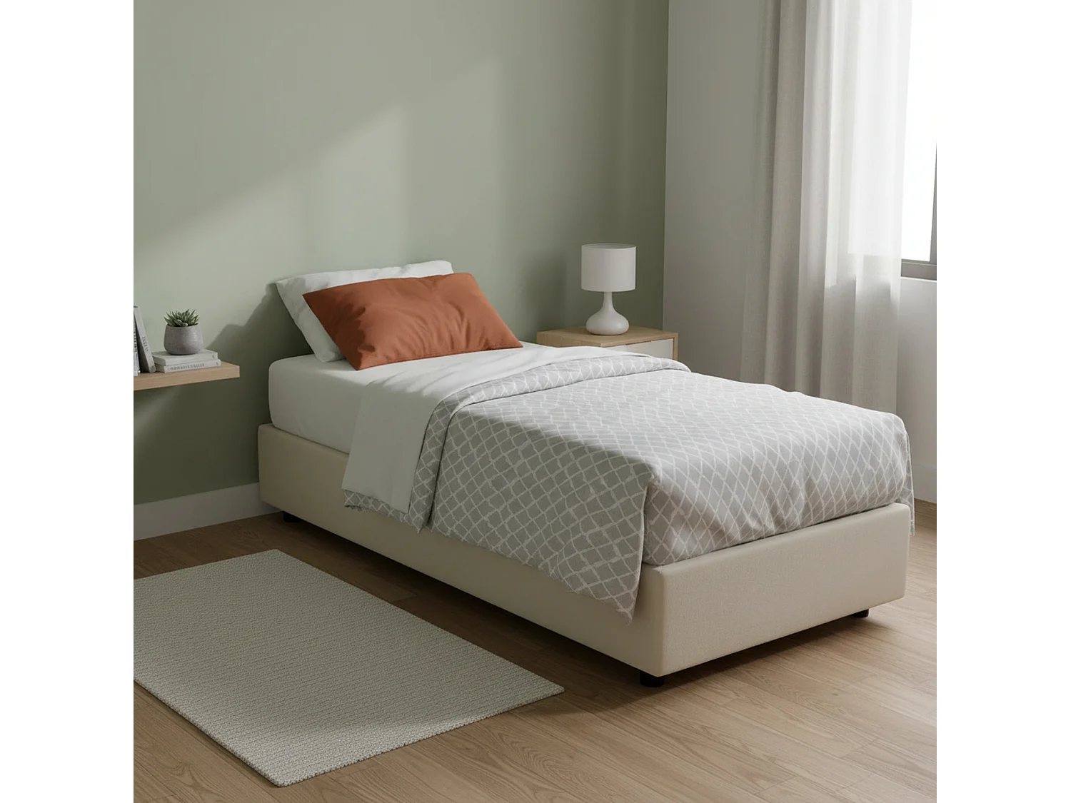 Lit simple Sophia, Lit coffre avec revêtement en tissu, 100% Made in Italy, Ouverture frontale, avec matelas 90x190 cm inclus, Beige