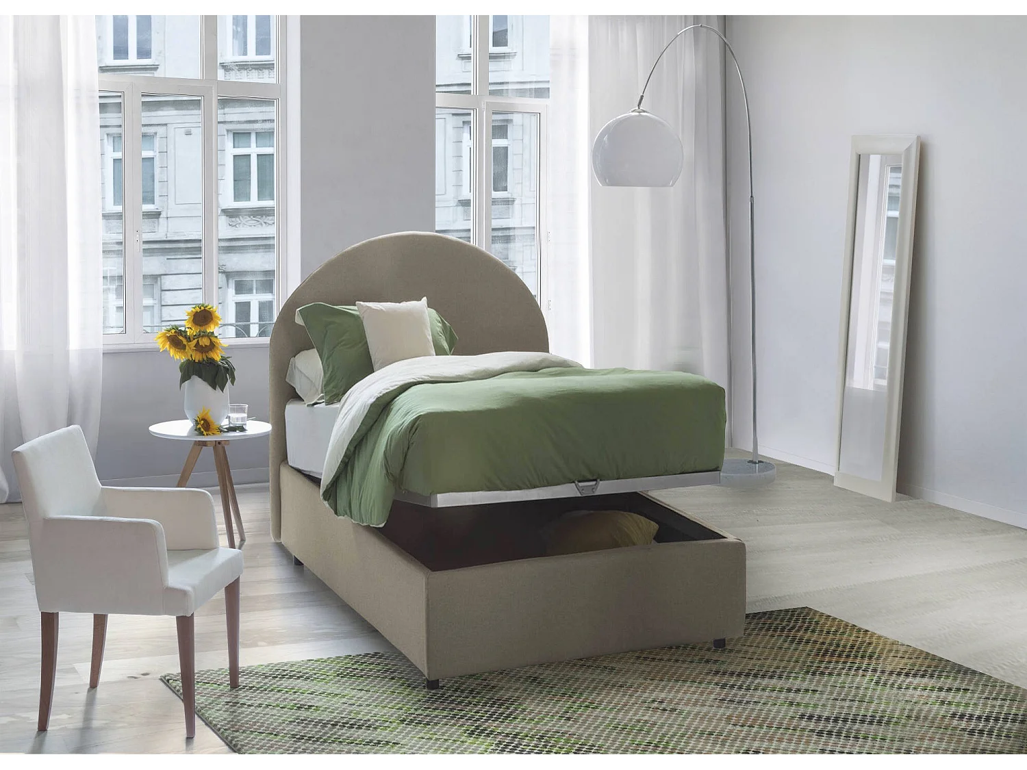 Letto singolo Emma, Letto contenitore con rivestimento in tessuto, 100% Made in Italy, Apertura frontale, con materasso Cm 80x190 incluso, Tortora