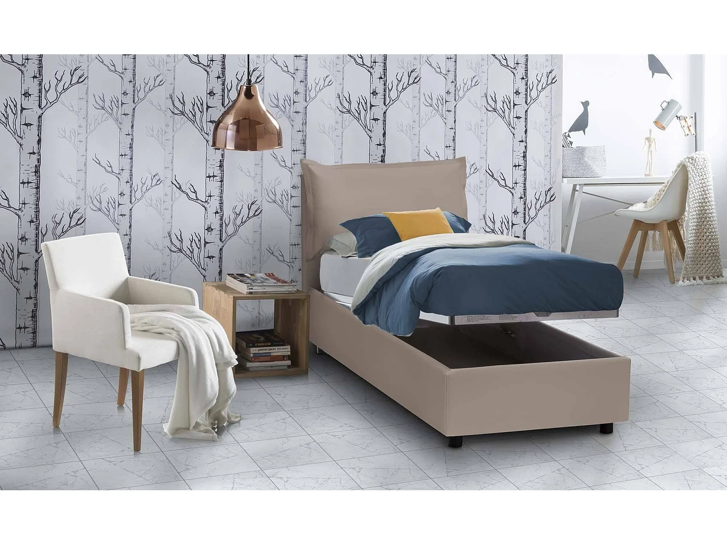 Cristina eenpersoonsbed, Opbergbed met eco-lederen bekleding, 100% Made in Italy, Opening aan de voorkant, geschikt voor matras van 80x200 cm, Taupe