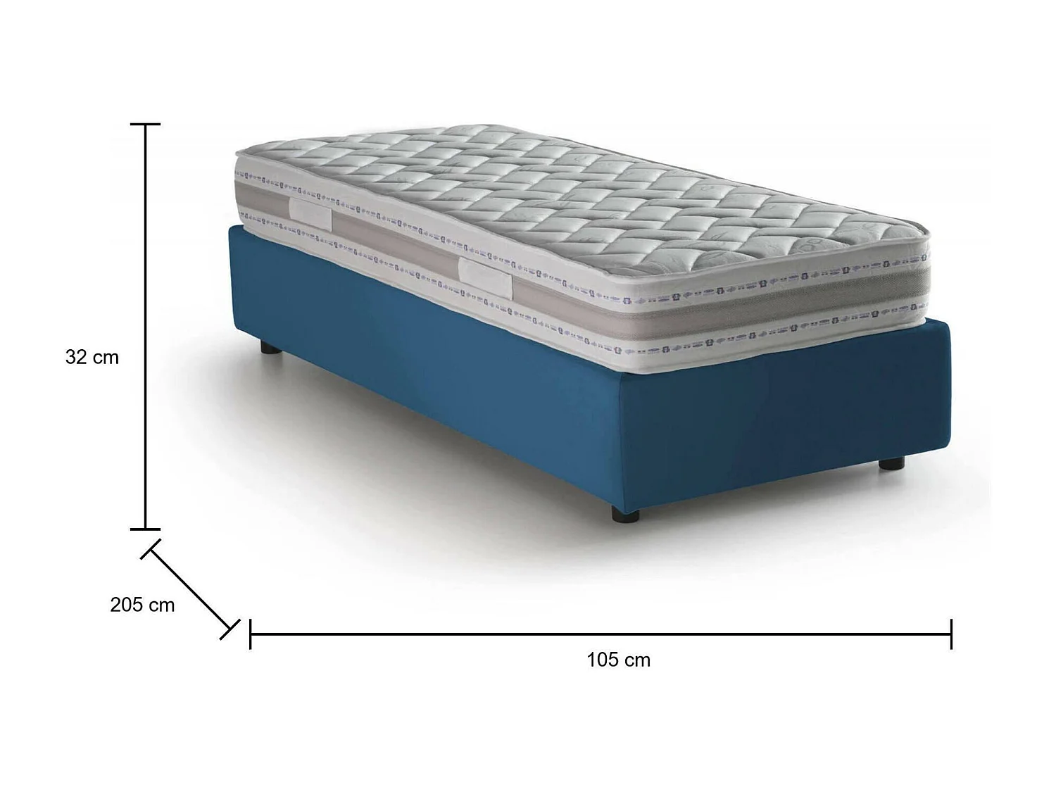 Einzelbett Sophia, Bettkasten mit Stoffbezug, 100 % Made in Italy, Öffnung vorne, inklusive Matratze 90 x 190 cm, Blau