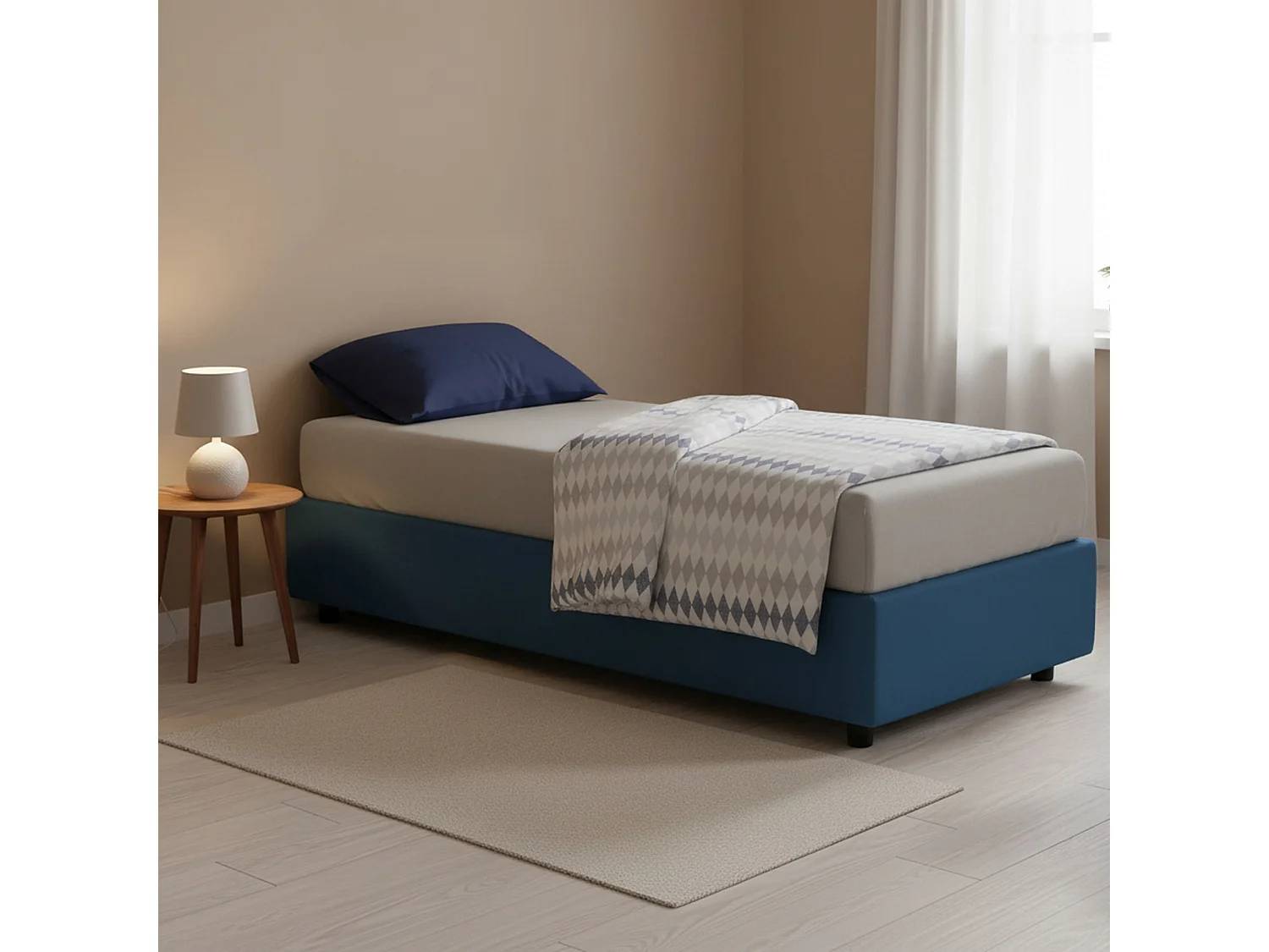 Lit simple Sophia, Lit coffre avec revêtement en tissu, 100% Made in Italy, Ouverture frontale, avec matelas 90x190 cm inclus, Bleu