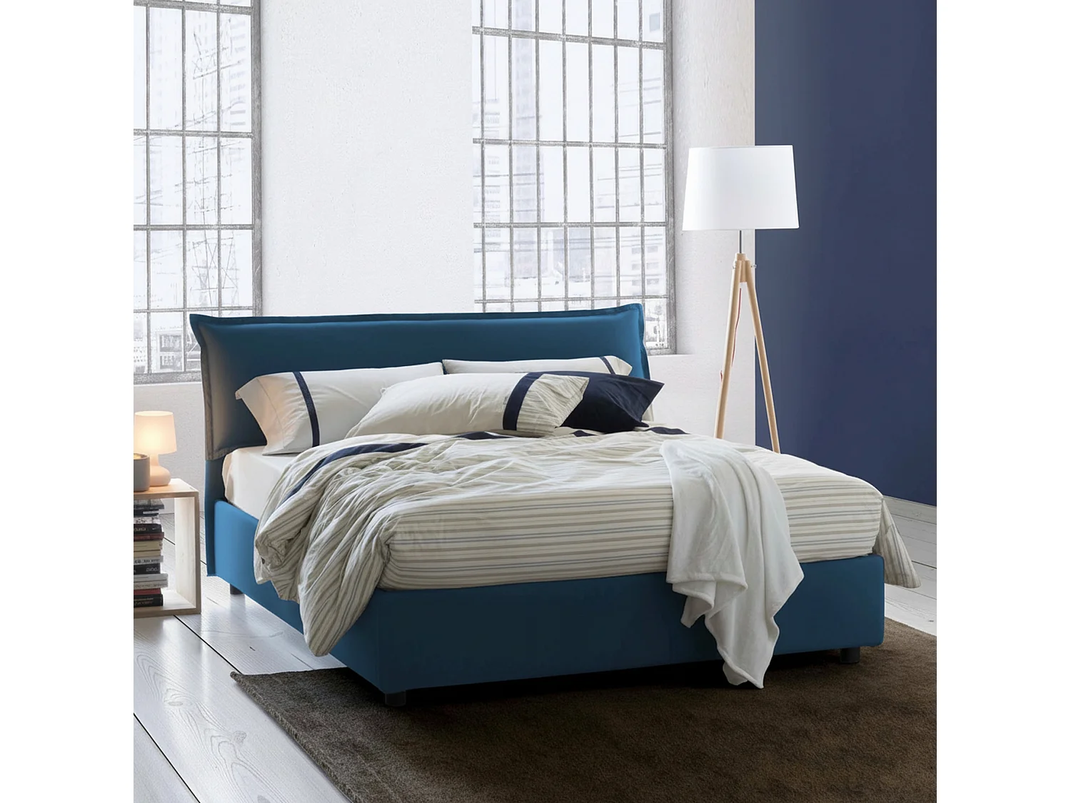 Lit double Cloe, lit coffre déhoussable avec tête de lit rembourrée et cadre de lit coffre, 100% Made in Italy, adapté pour matelas 160x200 cm, Bleu