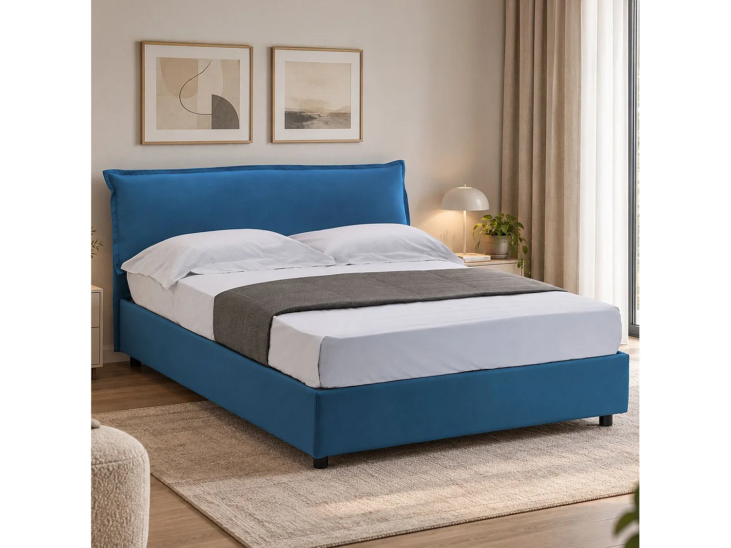Lit double Cloe, lit coffre déhoussable avec tête de lit rembourrée et cadre de lit coffre, 100% Made in Italy, adapté pour matelas 160x200 cm, Bleu
