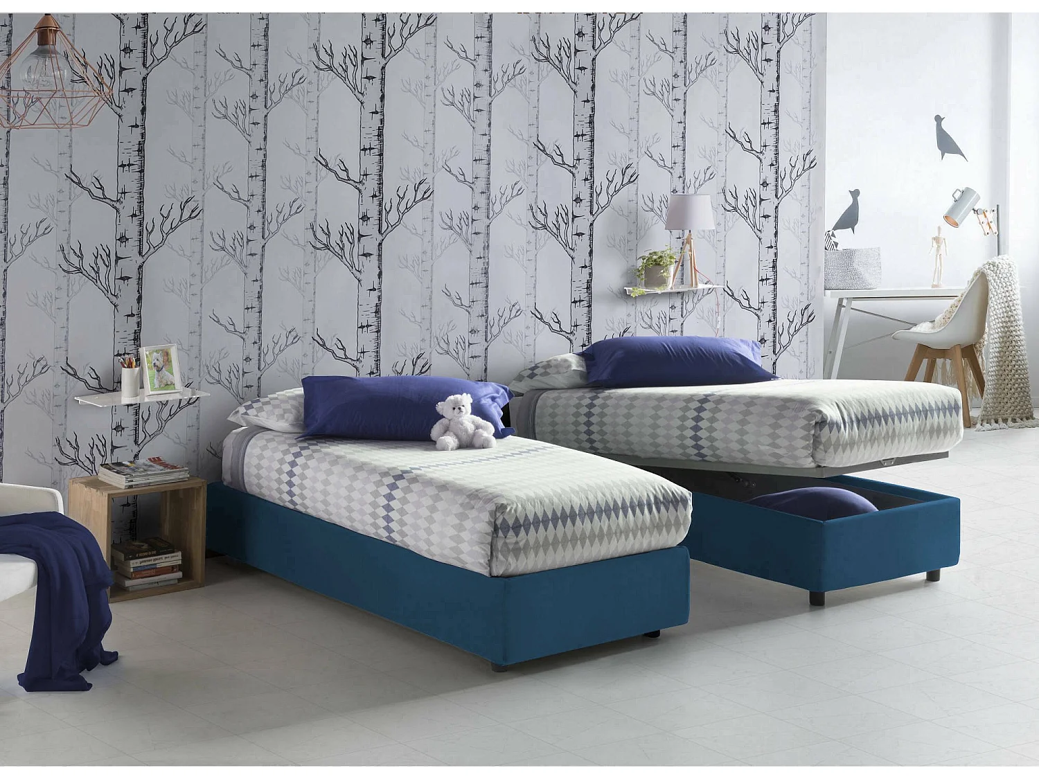 Lit simple Caterina, Lit coffre avec revêtement en tissu, 100% Made in Italy, Ouverture frontale, adapté pour matelas 80x200 cm, Bleu