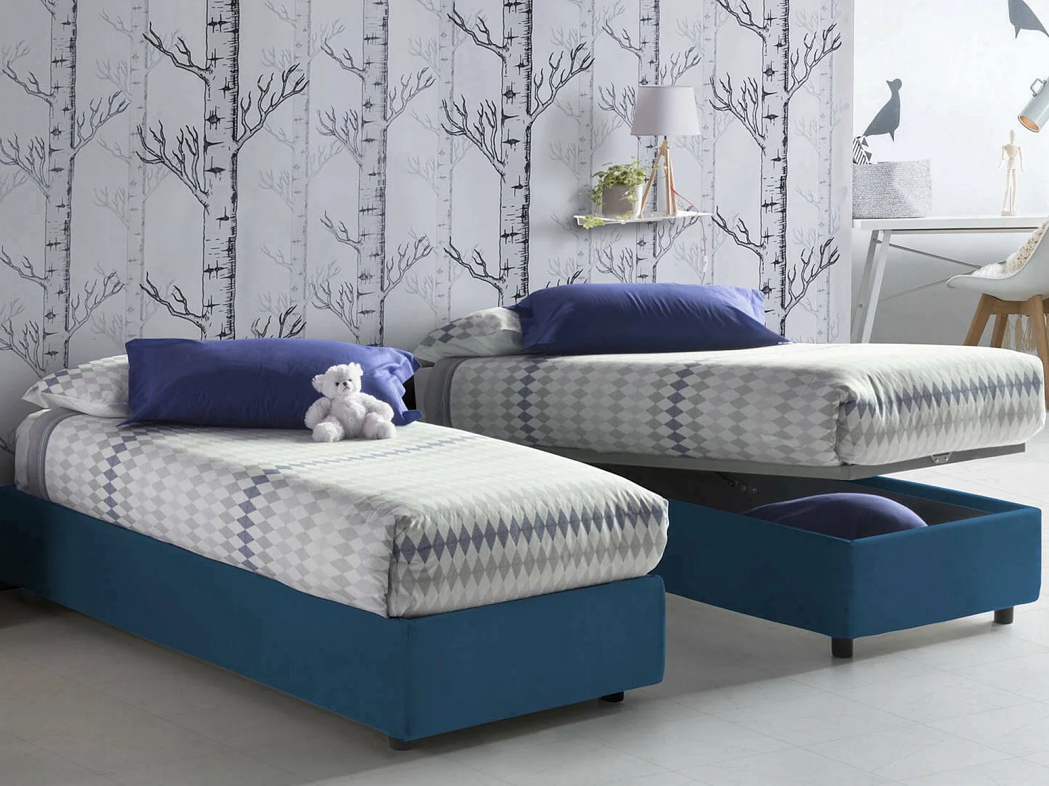 Talamo Italia Eenpersoonsbed Caterina Blauw, Afneembaar met Opbergruimte, Matrasmaat 80x200 cm Made in Italy