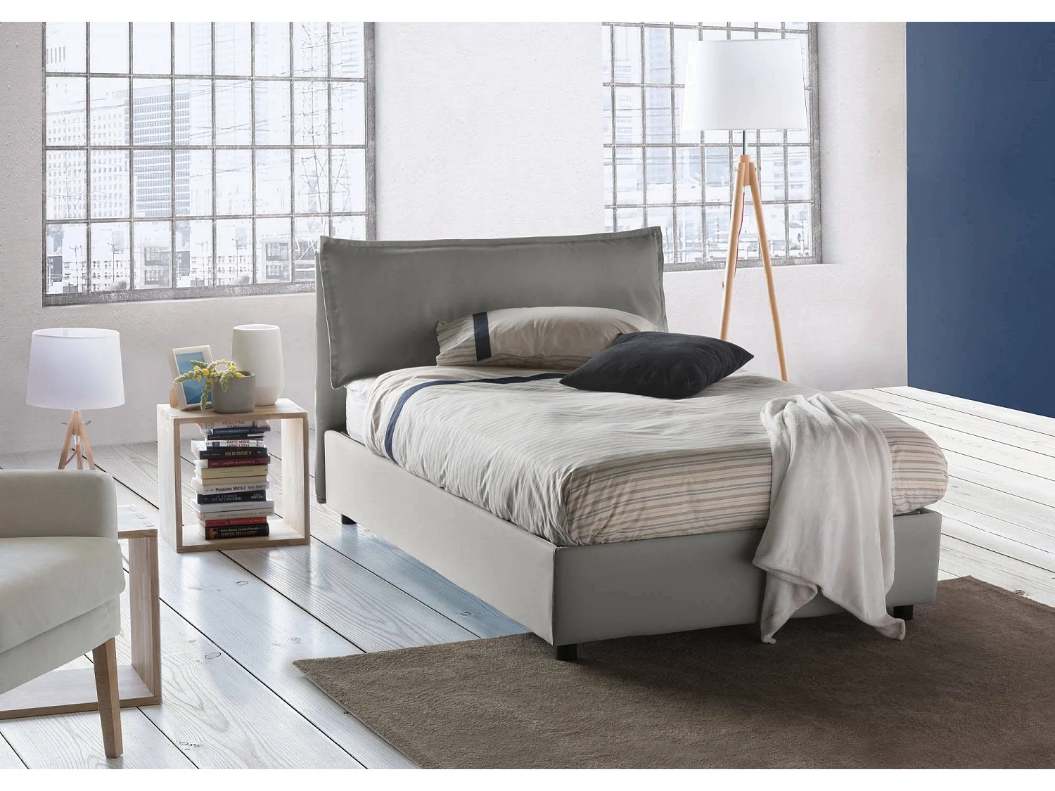 Letto piazza e mezza Agata, Letto contenitore con rivestimento in tessuto, 100% Made in Italy, Apertura frontale, con materasso Cm 120x200 incluso, Grigio